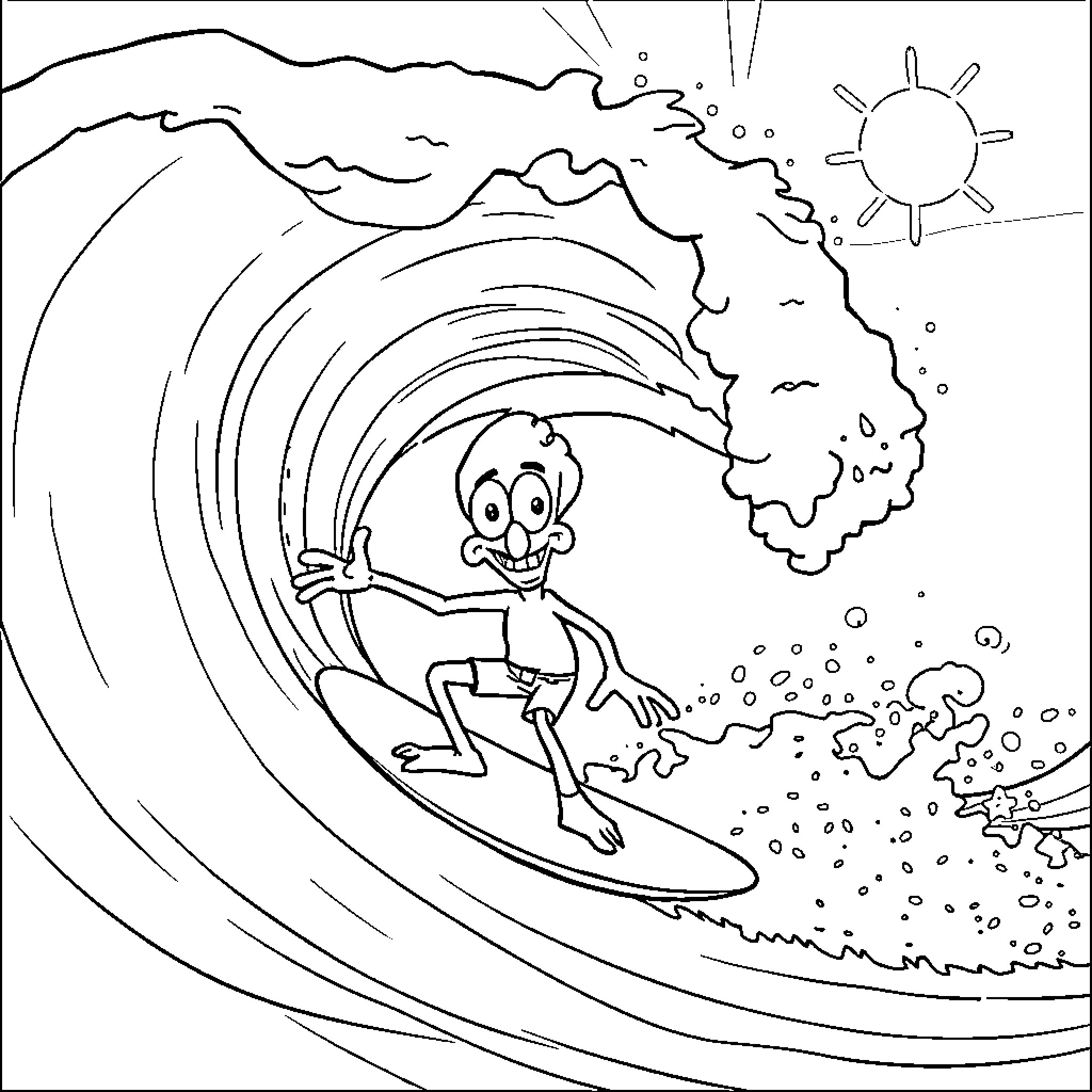 Squidward surfing on a big wave Coloring Page (free black-and-white line drawing printable PDF for all, from beginners to advanced learners, including children, teens, adults, and seniors)