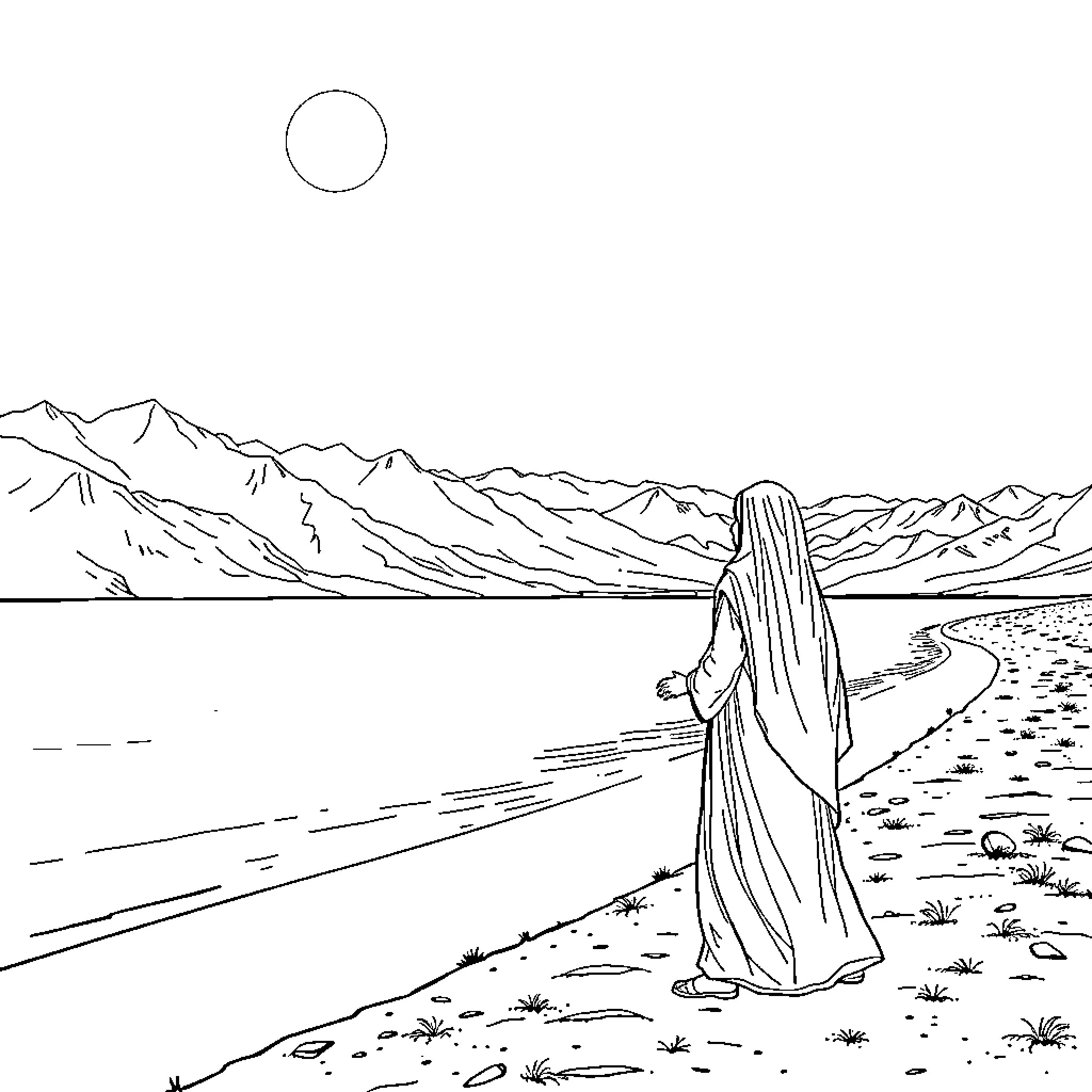 Femme walking the desert landscape under the sun Coloring Page (free black-and-white line drawing printable PDF for all, from beginners to advanced learners, including children, teens, adults, and seniors)