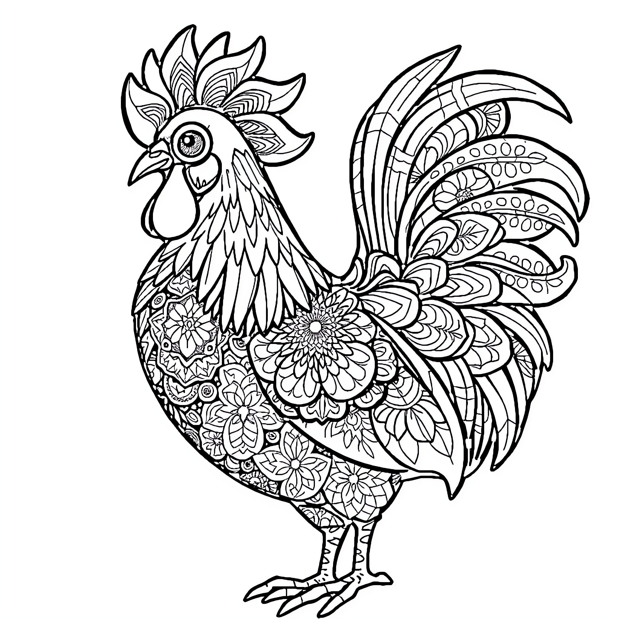 Rooster with intricate floral patterns Coloring Page (free black-and-white line drawing printable PDF for all, from beginners to advanced learners, including children, teens, adults, and seniors)