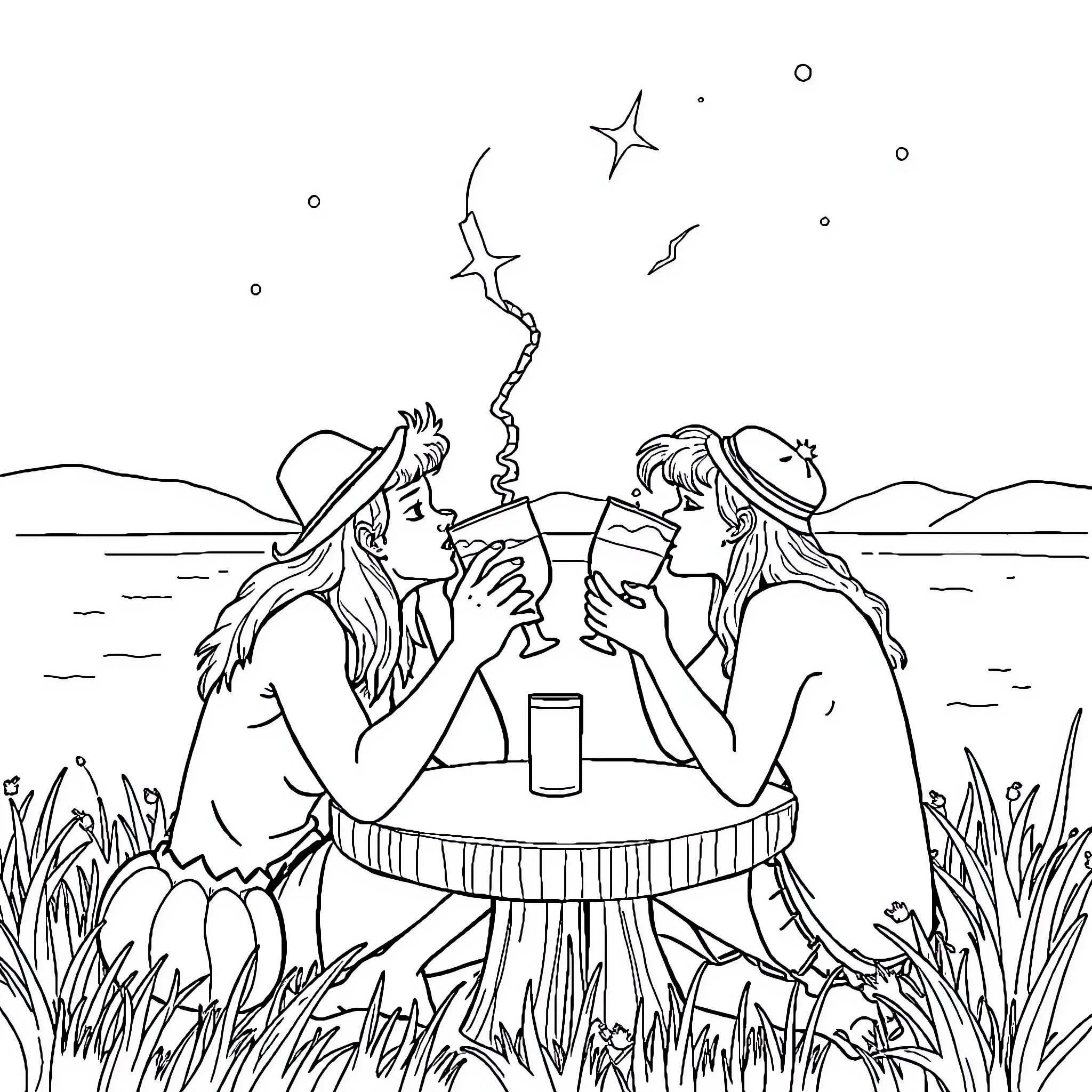 Man and woman enjoying drinks by the lake Coloring Page (free black-and-white line drawing printable PDF for all, from beginners to advanced learners, including children, teens, adults, and seniors)
