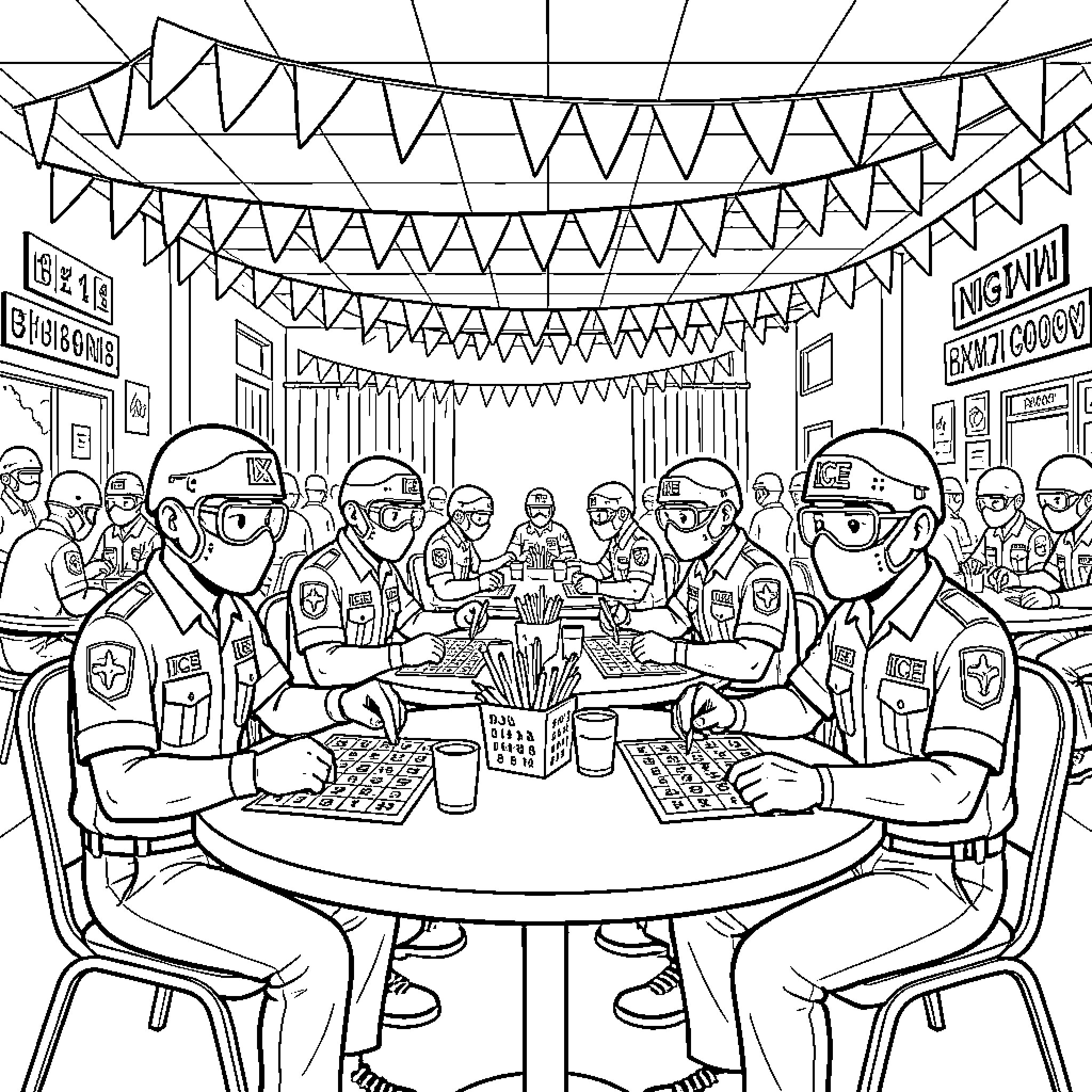 Ice Agent group meeting with decorated room Coloring Page (free black-and-white line drawing printable PDF for all, from beginners to advanced learners, including children, teens, adults, and seniors)