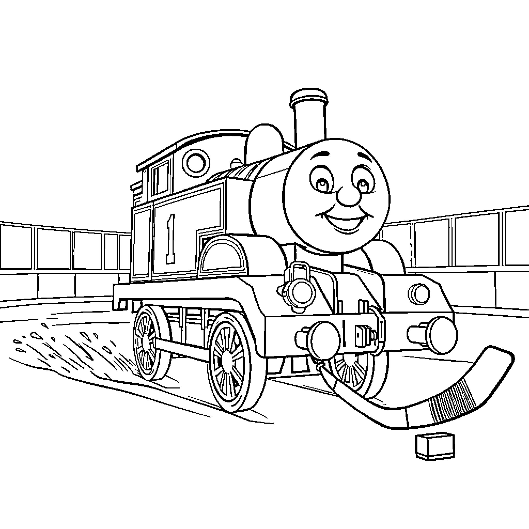 Thomas the Tank Engine smiling on the railway tracks Coloring Page (free black-and-white line drawing printable PDF for all, from beginners to advanced learners, including children, teens, adults, and seniors)