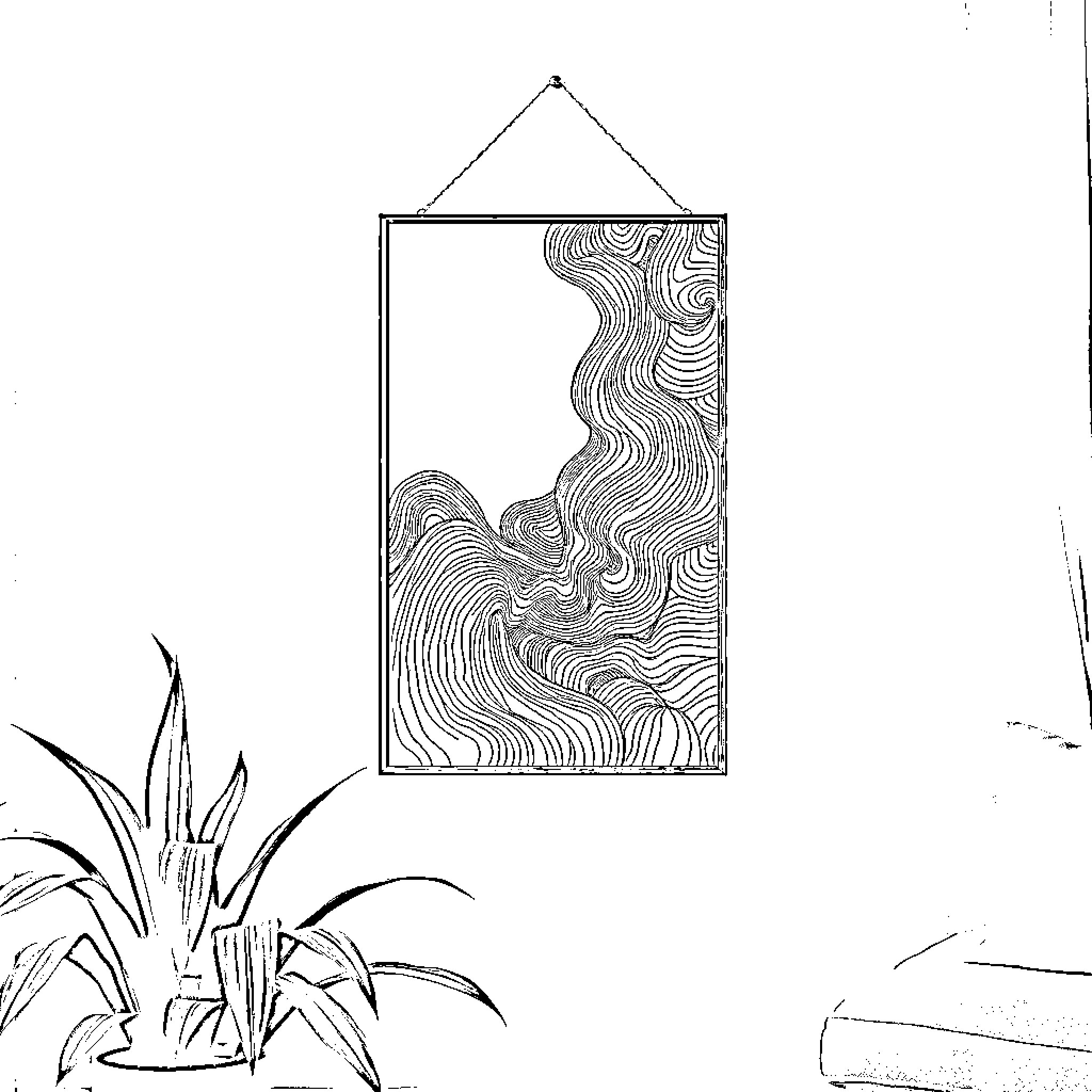 Hung abstract frame with wavy lines Coloring Page (free black-and-white line drawing printable PDF for all, from beginners to advanced learners, including children, teens, adults, and seniors)