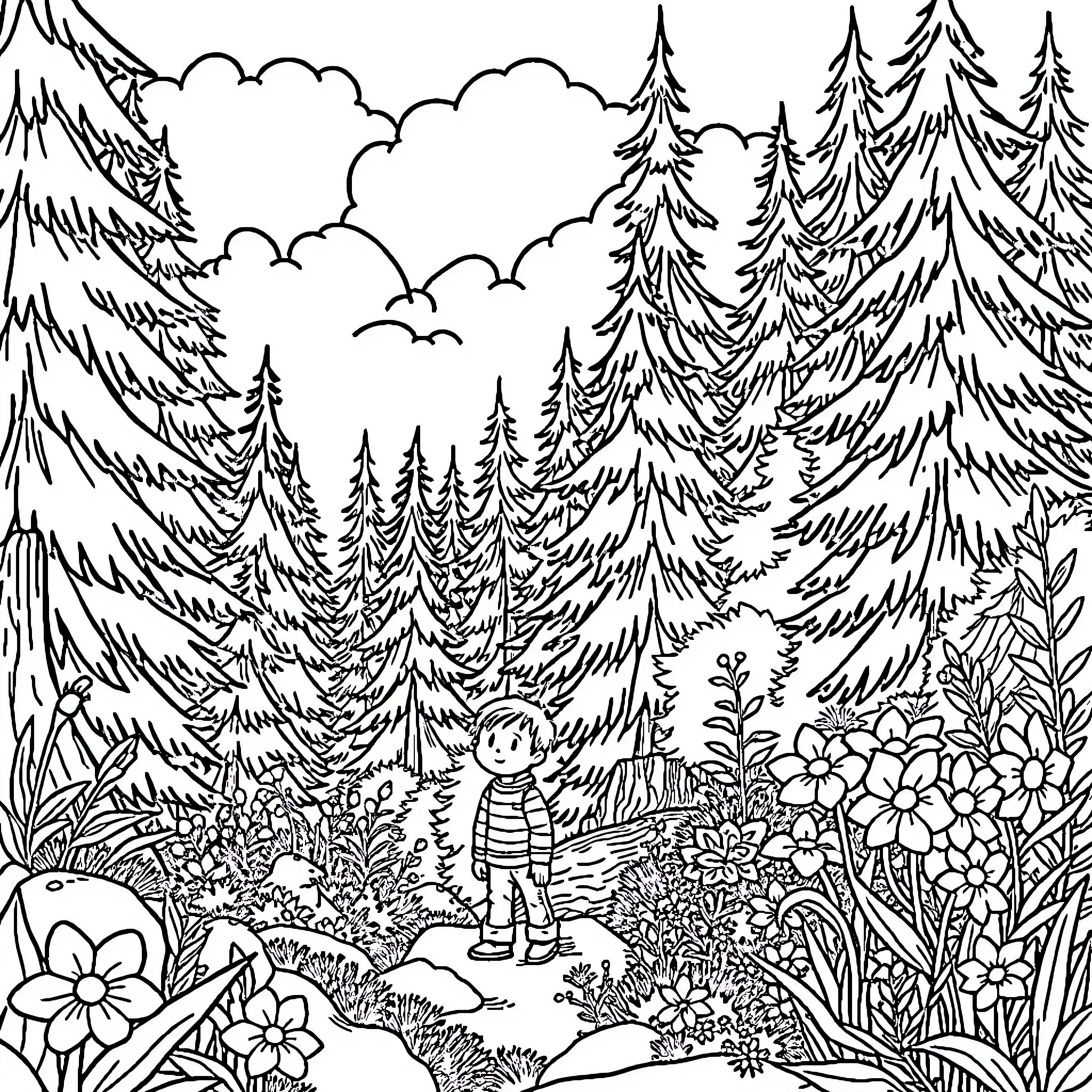 Kid exploring the enchanted forest Coloring Page (free black-and-white line drawing printable PDF for all, from beginners to advanced learners, including children, teens, adults, and seniors)