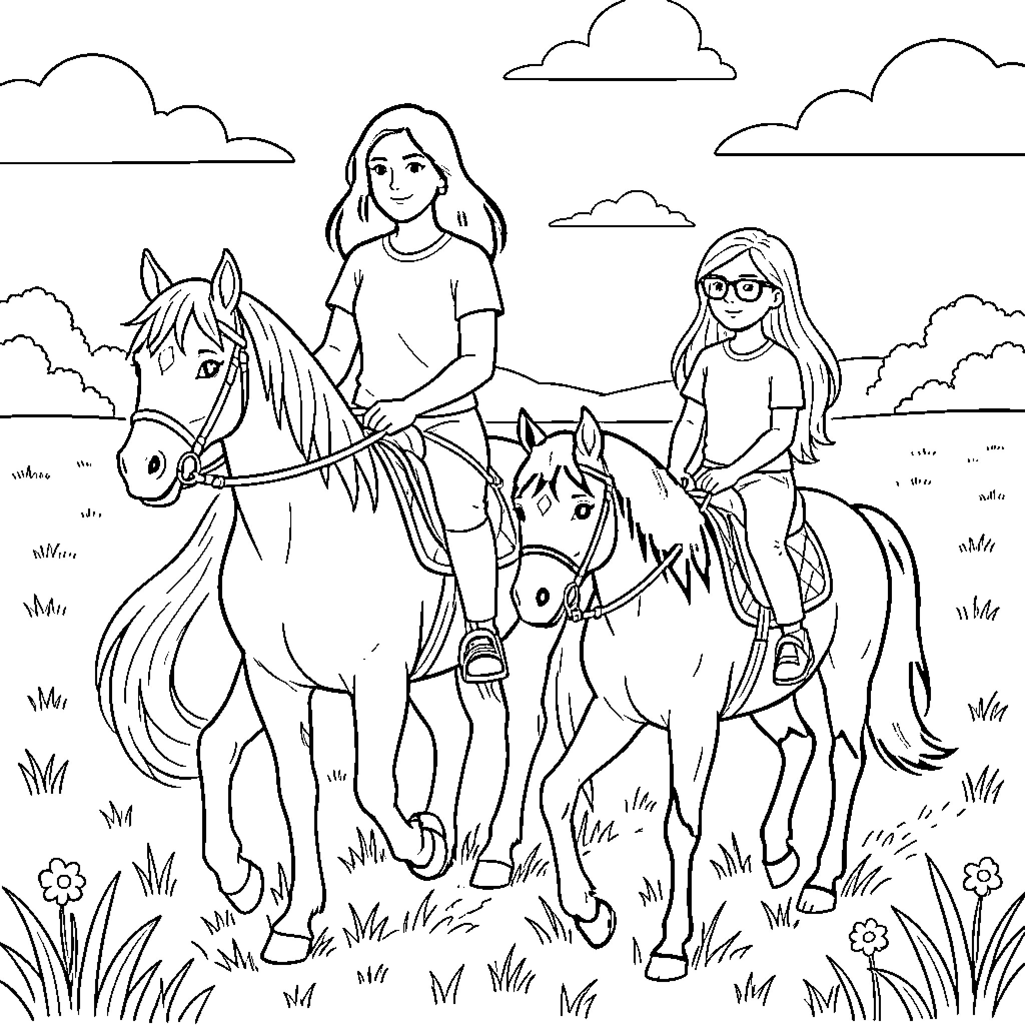 Mère and daughter riding horses through a field Coloring Page (free black-and-white line drawing printable PDF for all, from beginners to advanced learners, including children, teens, adults, and seniors)