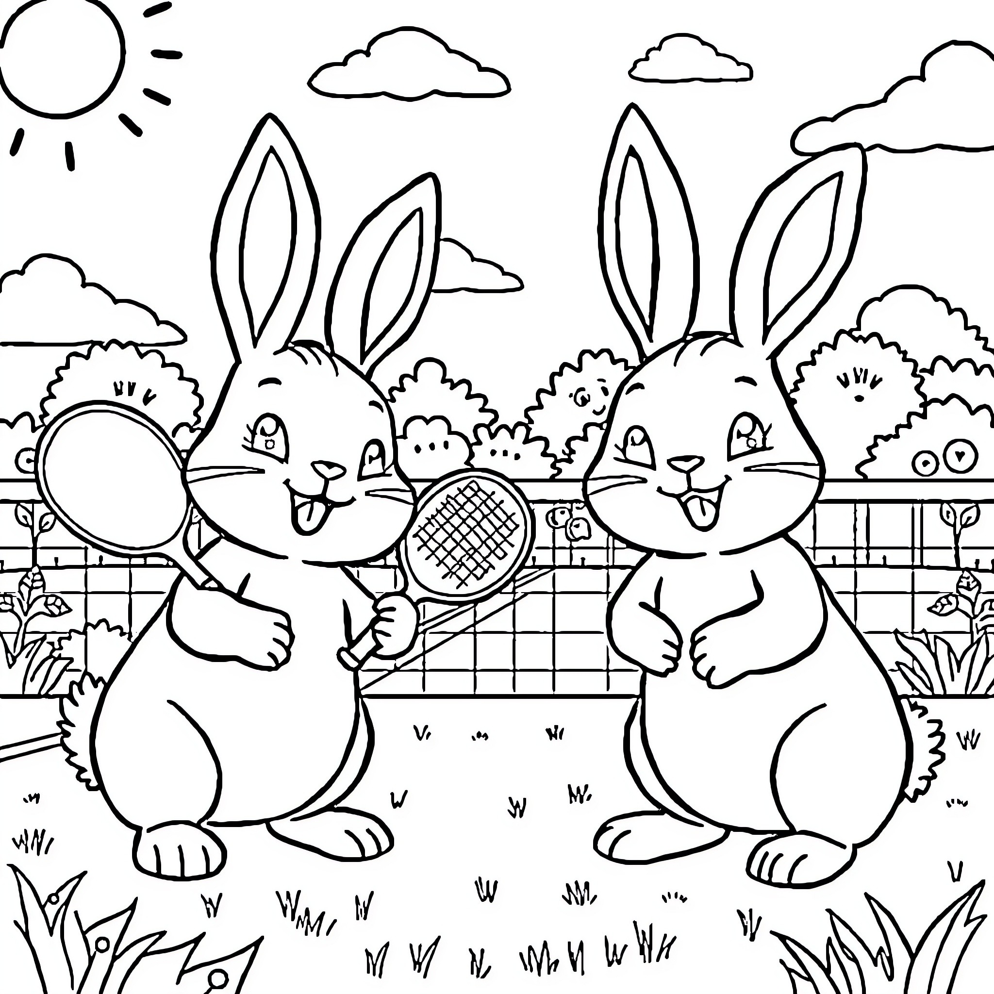 Bunny friends playing tennis in the park Coloring Page (free black-and-white line drawing printable PDF for all, from beginners to advanced learners, including children, teens, adults, and seniors)