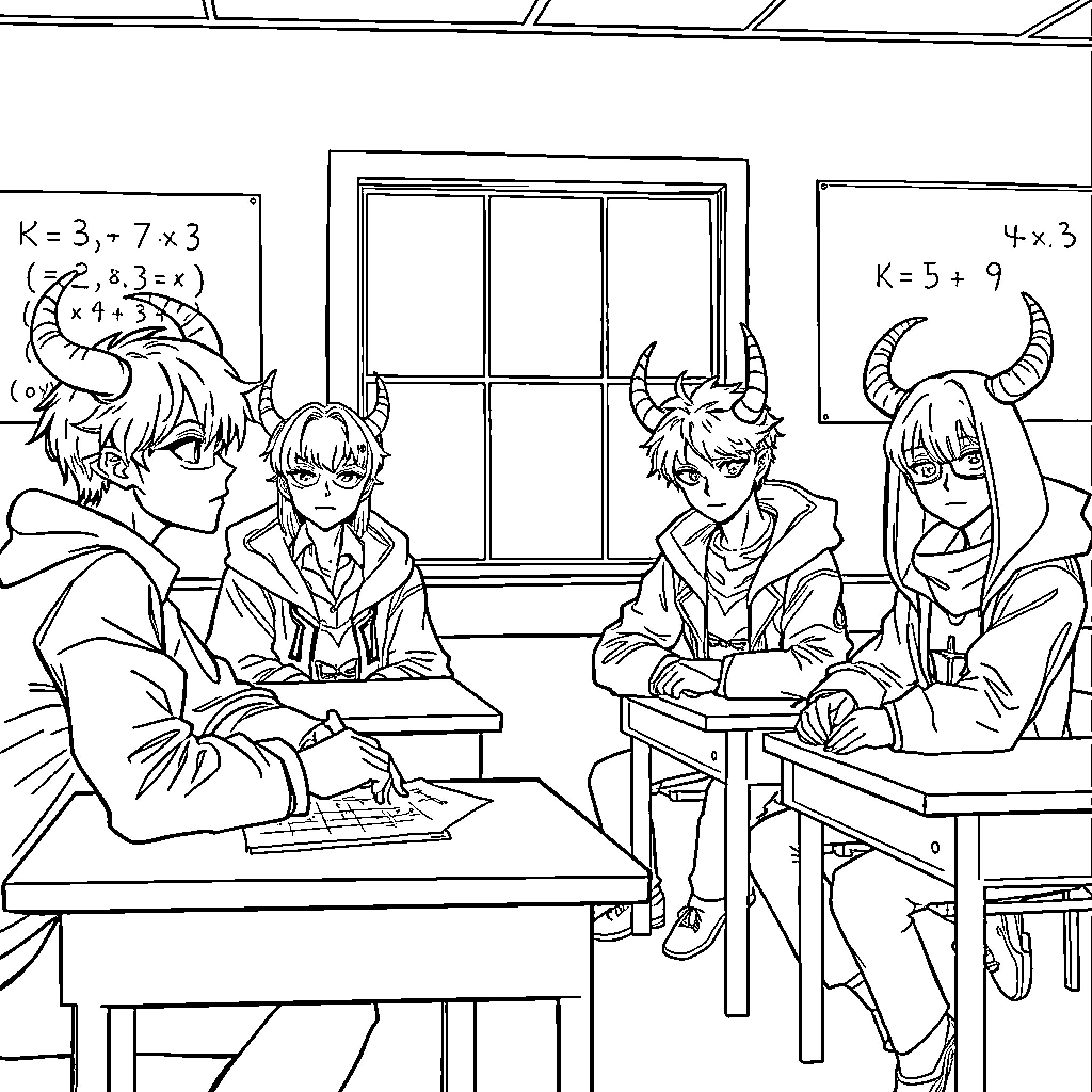 Demon Hunters in a Classroom Setting Coloring Page (free black-and-white line drawing printable PDF for all, from beginners to advanced learners, including children, teens, adults, and seniors)
