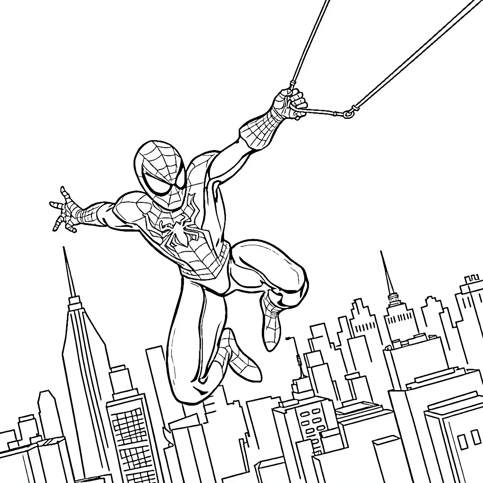 Spider-Man swinging through the city skyline Coloring Page (free black-and-white line drawing printable PDF for all, from beginners to advanced learners, including children, teens, adults, and seniors)