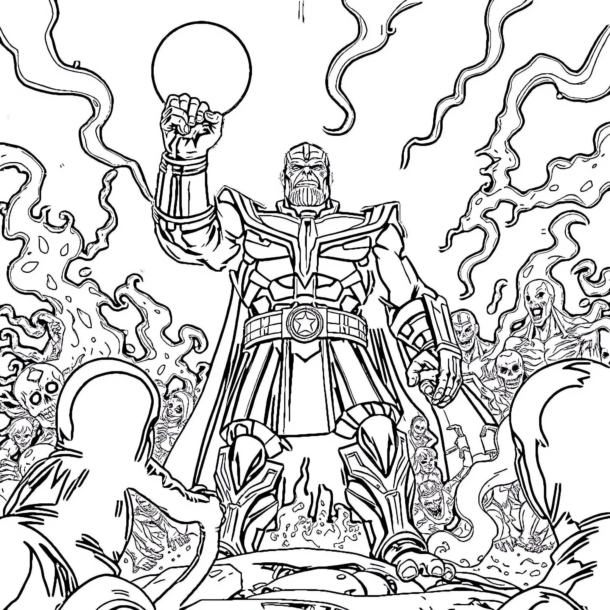 Thanos Wielding the Infinity Gauntlet in Cosmic Chaos Coloring Page (free black-and-white line drawing printable PDF for all, from beginners to advanced learners, including children, teens, adults, and seniors)