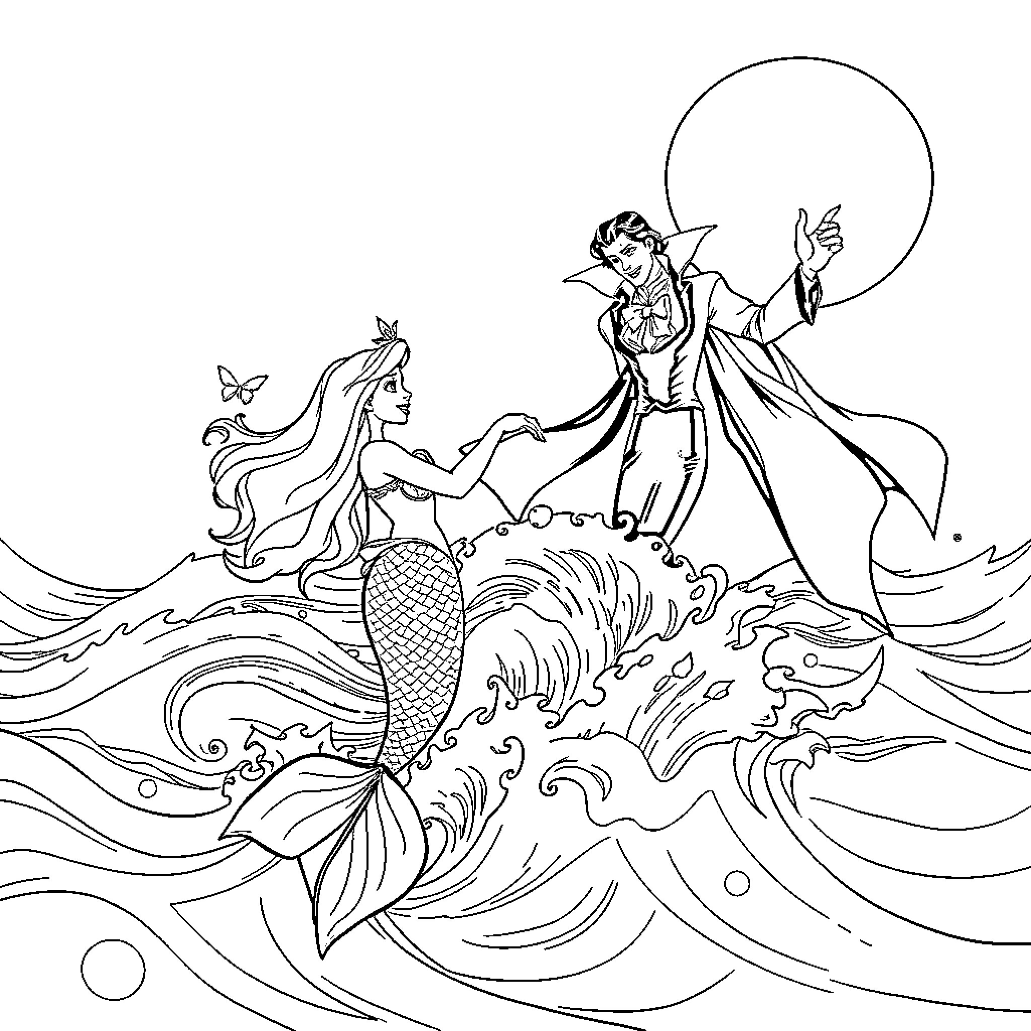 Ariel's Underwater Adventure with Prince Eric Coloring Page (free black-and-white line drawing printable PDF for all, from beginners to advanced learners, including children, teens, adults, and seniors)