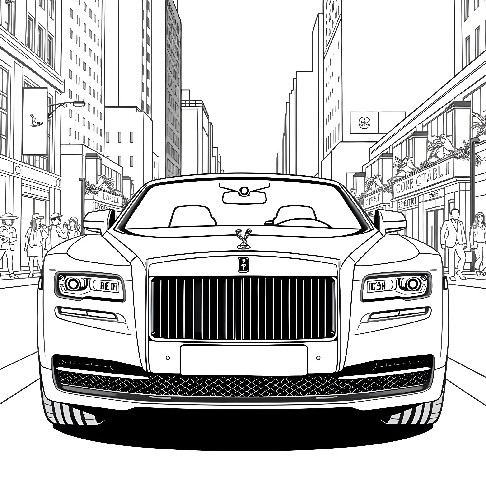 Ambassador Car in the City Streets Coloring Page (free black-and-white line drawing printable PDF for all, from beginners to advanced learners, including children, teens, adults, and seniors)