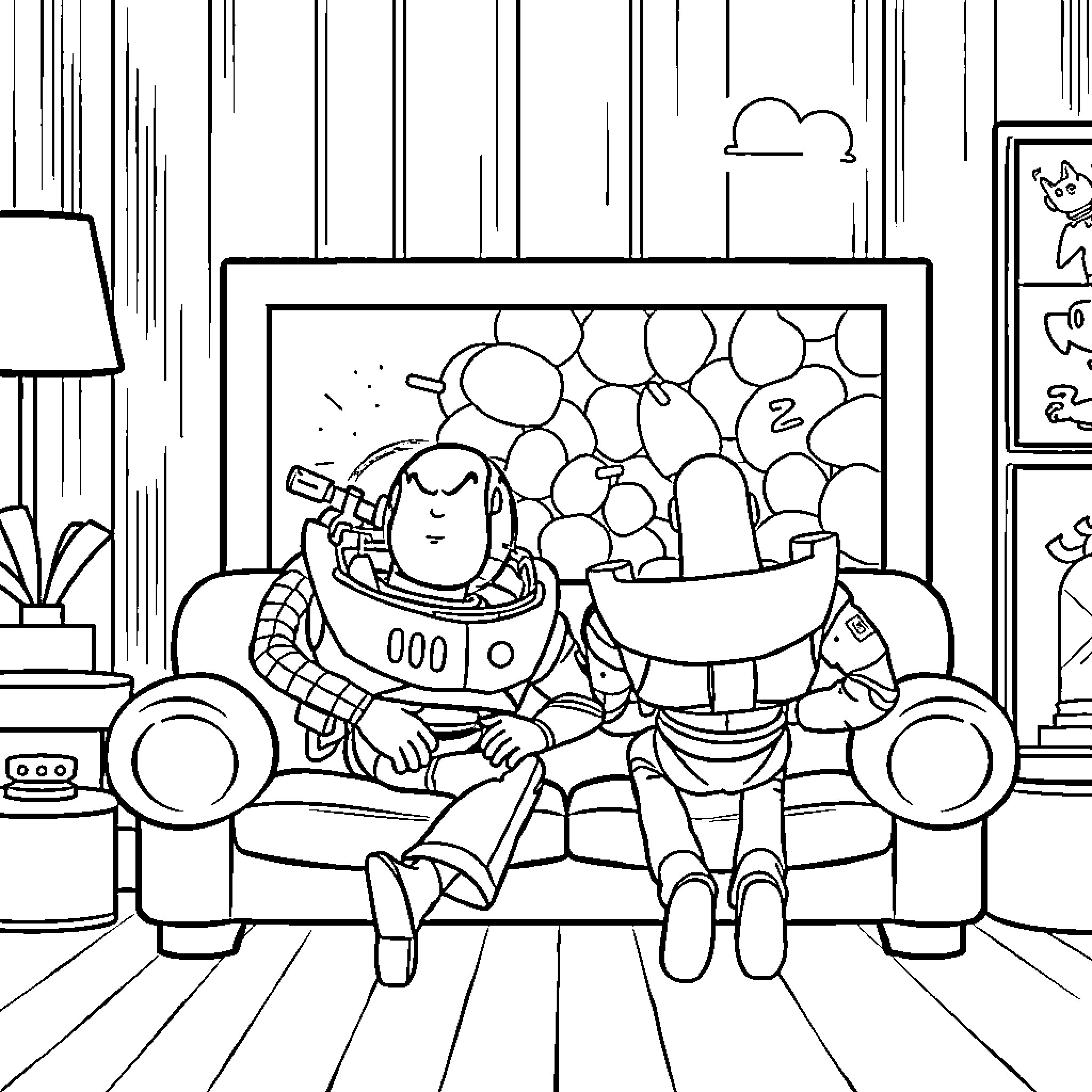 Buzz and Woody relaxing on the couch Coloring Page (free black-and-white line drawing printable PDF for all, from beginners to advanced learners, including children, teens, adults, and seniors)