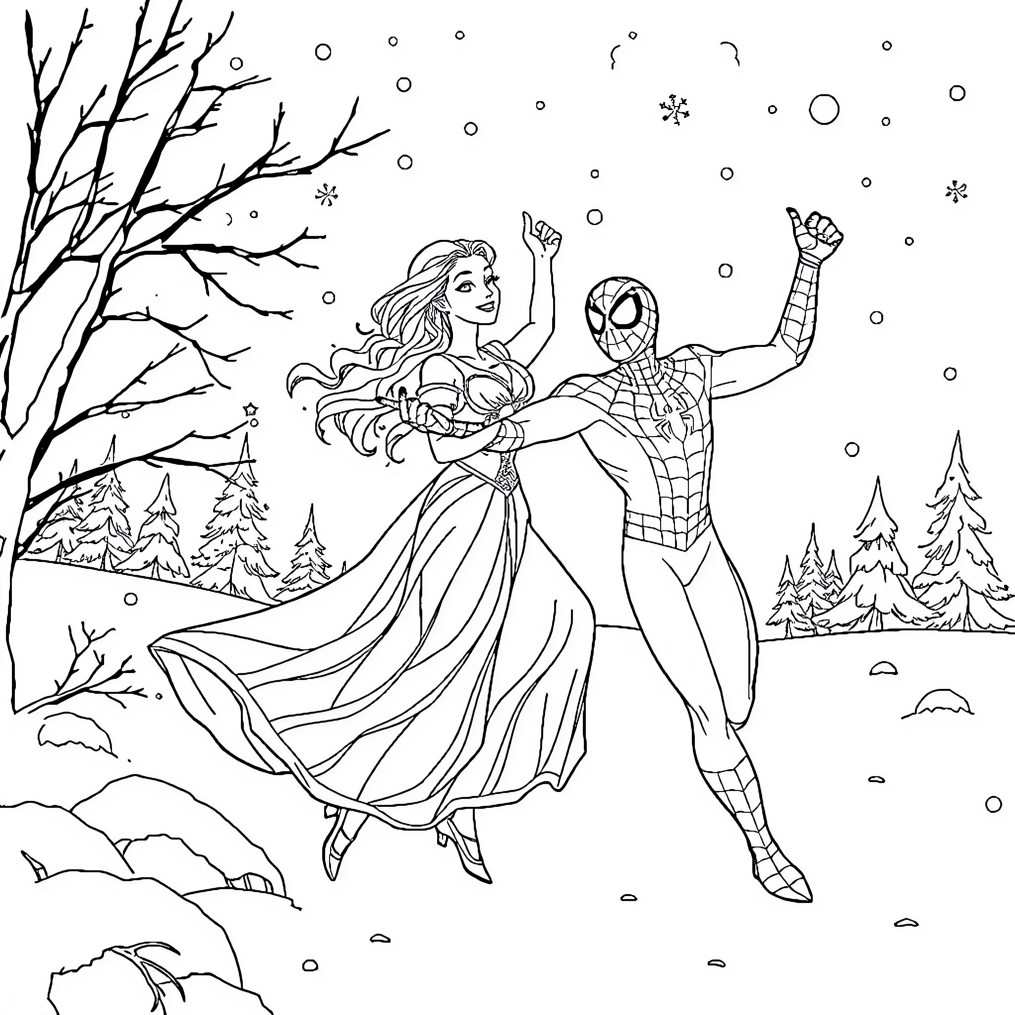 Spiderman and superhero partner dance in winter wonderland Coloring Page (free black-and-white line drawing printable PDF for all, from beginners to advanced learners, including children, teens, adults, and seniors)