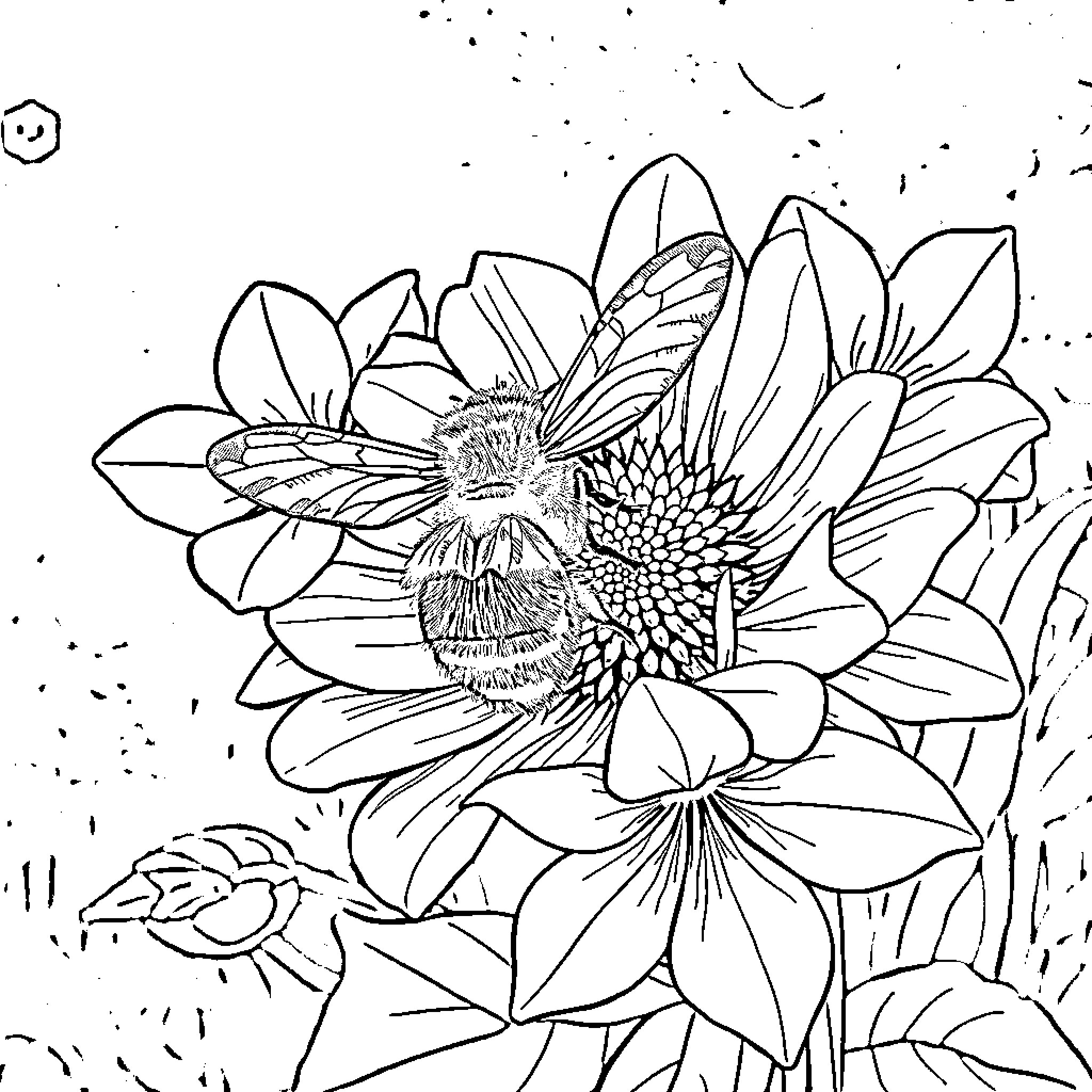 Abeja in a floral paradise Coloring Page (free black-and-white line drawing printable PDF for all, from beginners to advanced learners, including children, teens, adults, and seniors)