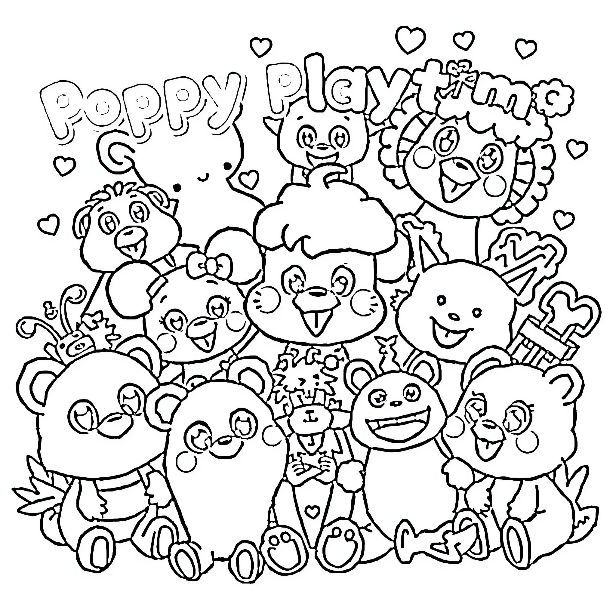 Poppy Playtime characters in fun, playful poses Coloring Page (free black-and-white line drawing printable PDF for all, from beginners to advanced learners, including children, teens, adults, and seniors)