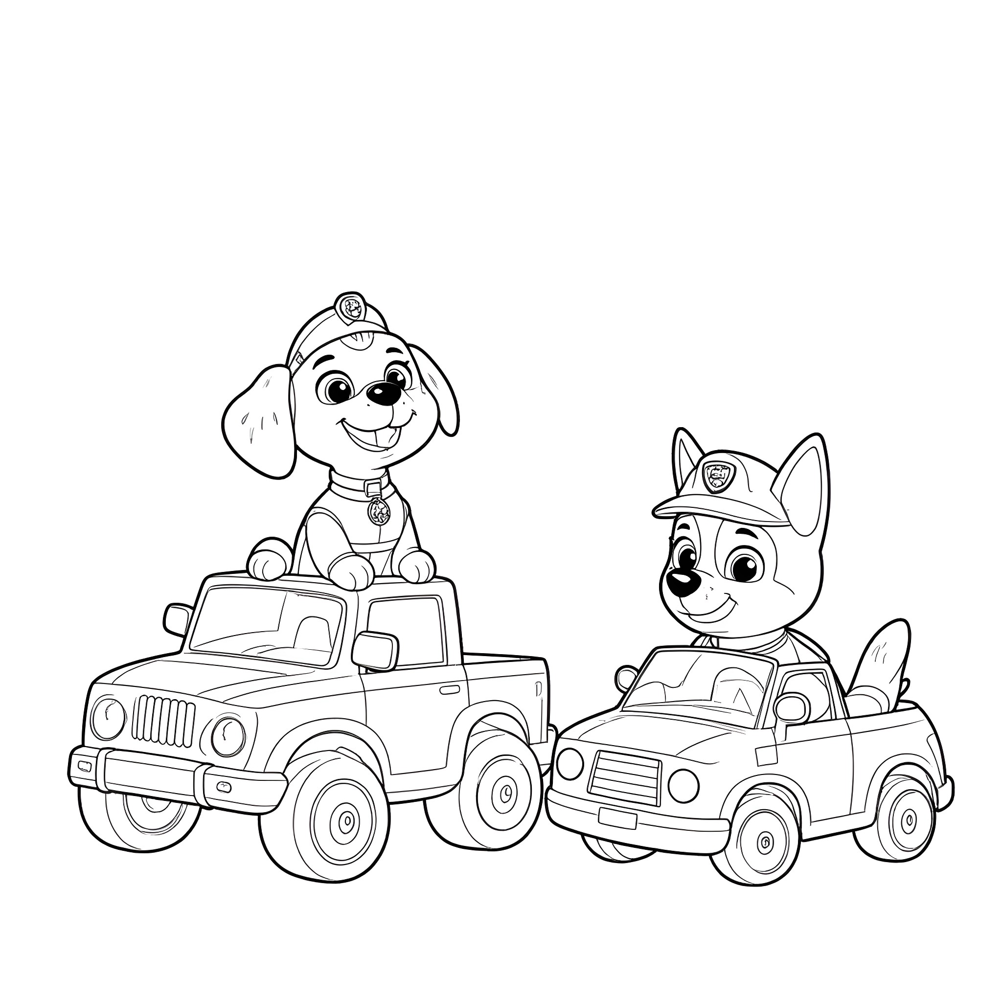Skye and Zuma driving toy vehicles Coloring Page (free black-and-white line drawing printable PDF for all, from beginners to advanced learners, including children, teens, adults, and seniors)