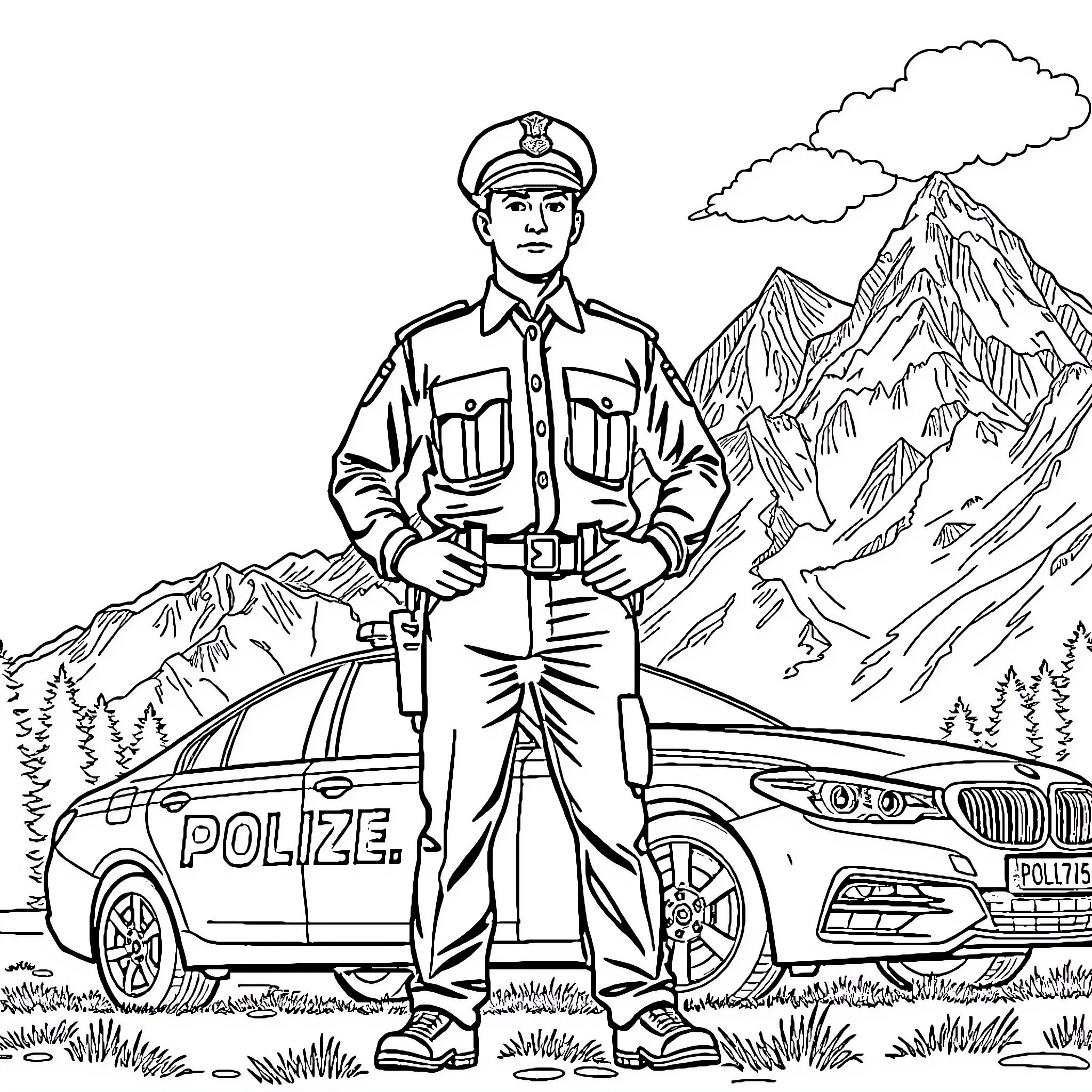 Police Officer Standing in Mountain Landscape Coloring Page (free black-and-white line drawing printable PDF for all, from beginners to advanced learners, including children, teens, adults, and seniors)