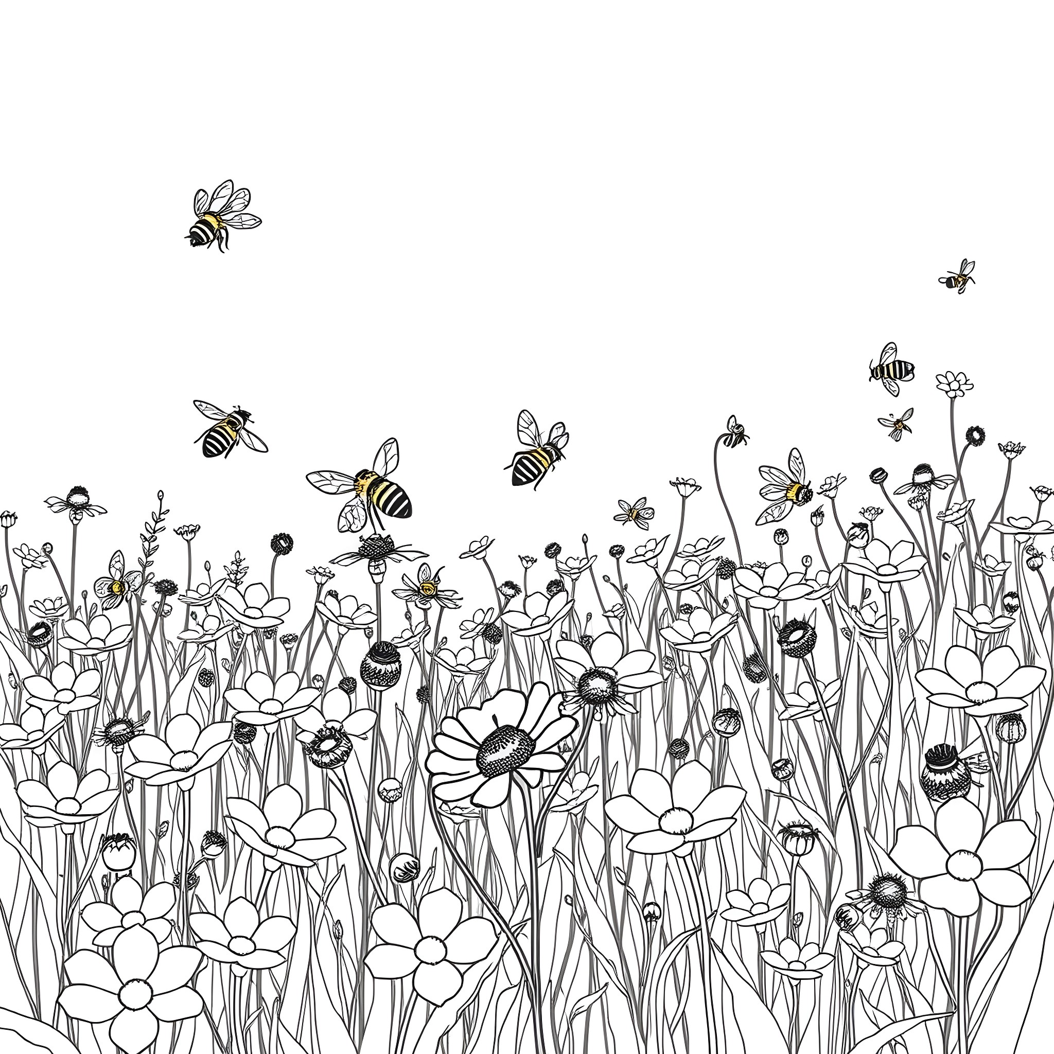 Bee flying amidst the blooming flowers Coloring Page (free black-and-white line drawing printable PDF for all, from beginners to advanced learners, including children, teens, adults, and seniors)