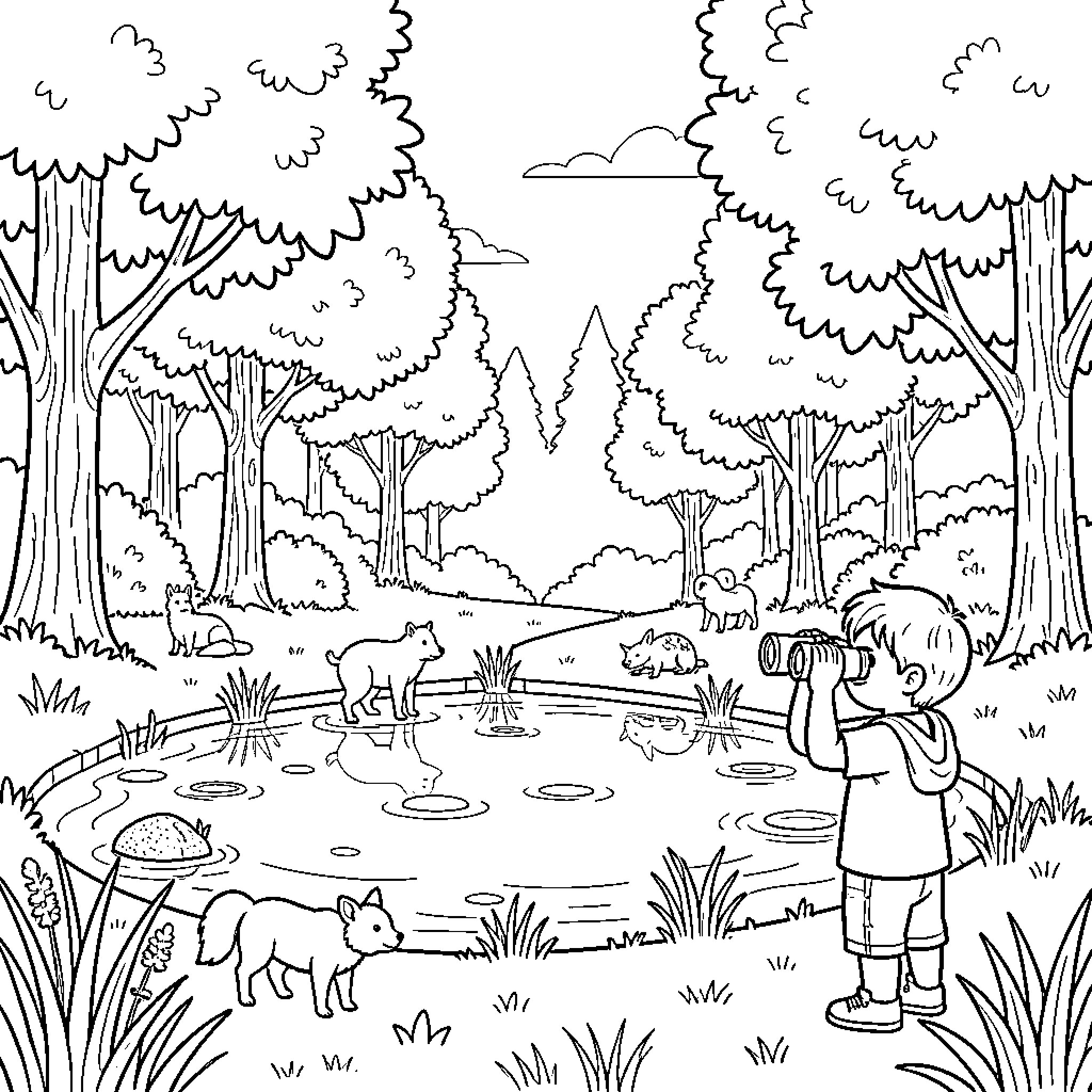 Nature scene with a boy observing wildlife near a pond Coloring Page (free black-and-white line drawing printable PDF for all, from beginners to advanced learners, including children, teens, adults, and seniors)