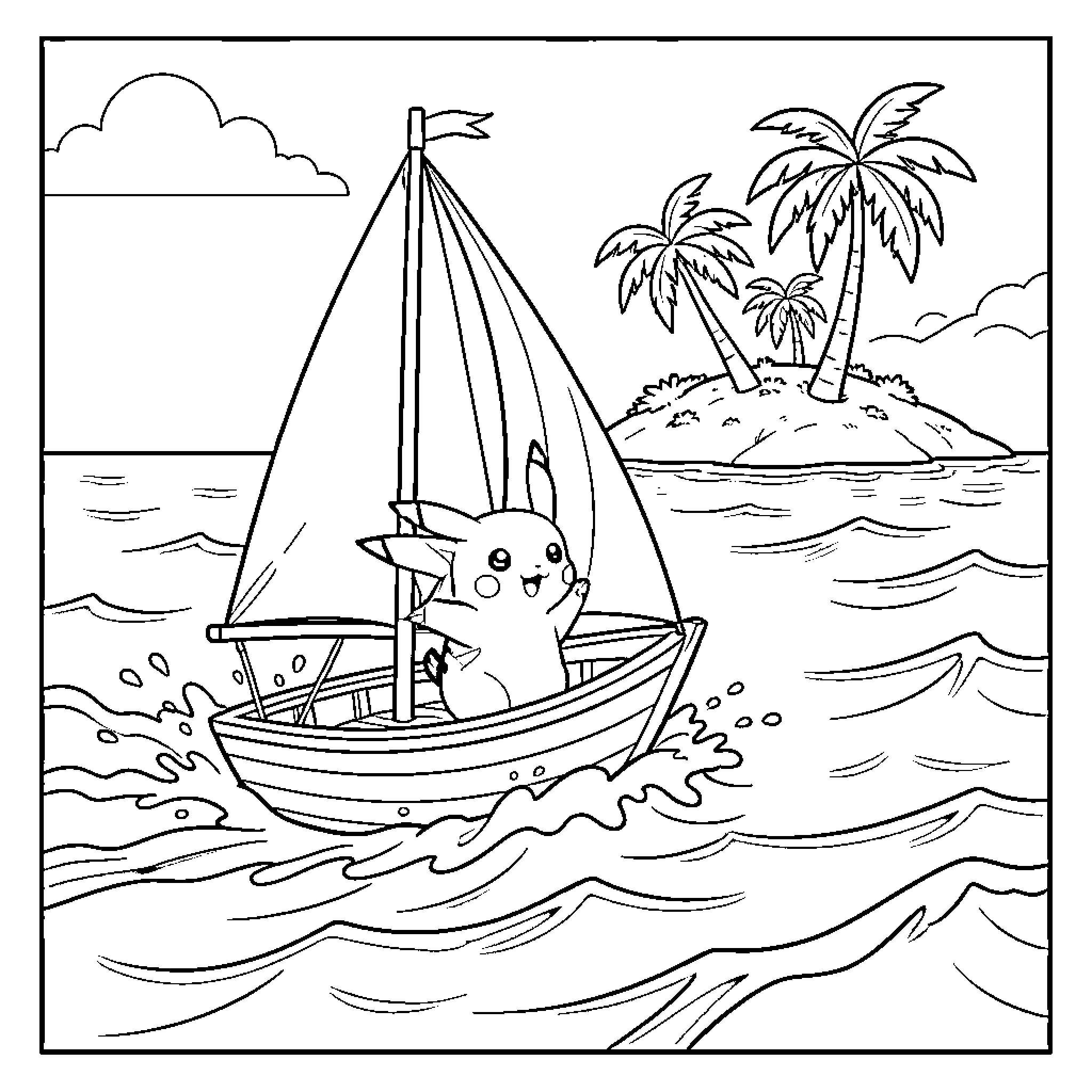 Pikachu sailing a boat on the ocean Coloring Page (free black-and-white line drawing printable PDF for all, from beginners to advanced learners, including children, teens, adults, and seniors)