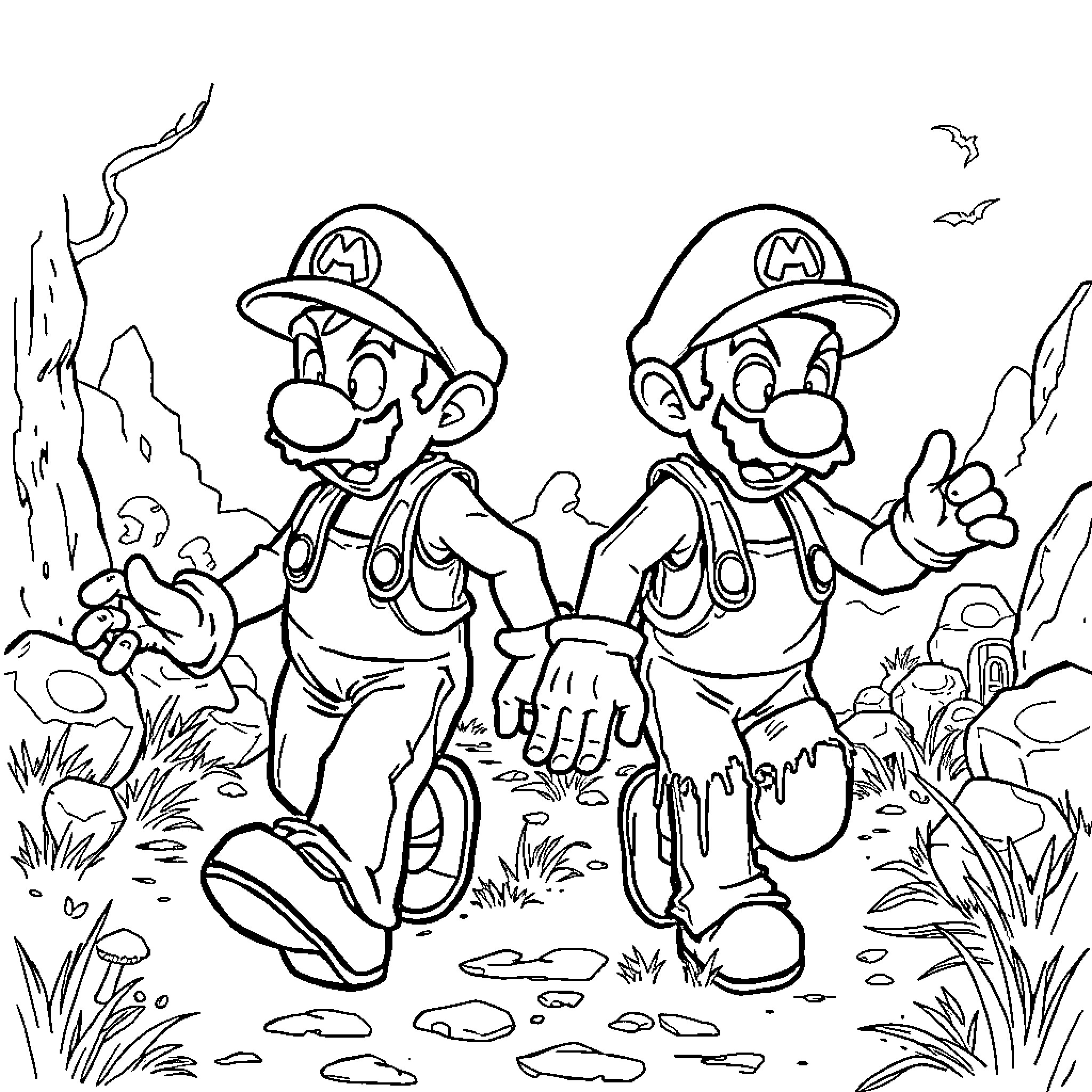Mario Brothers Exploring the Wilderness Coloring Page (free black-and-white line drawing printable PDF for all, from beginners to advanced learners, including children, teens, adults, and seniors)