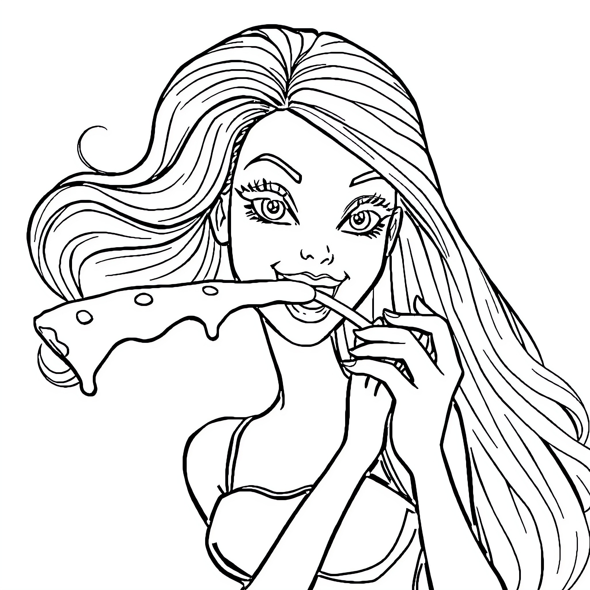 Barbie playing with fashion accessories Coloring Page (free black-and-white line drawing printable PDF for all, from beginners to advanced learners, including children, teens, adults, and seniors)
