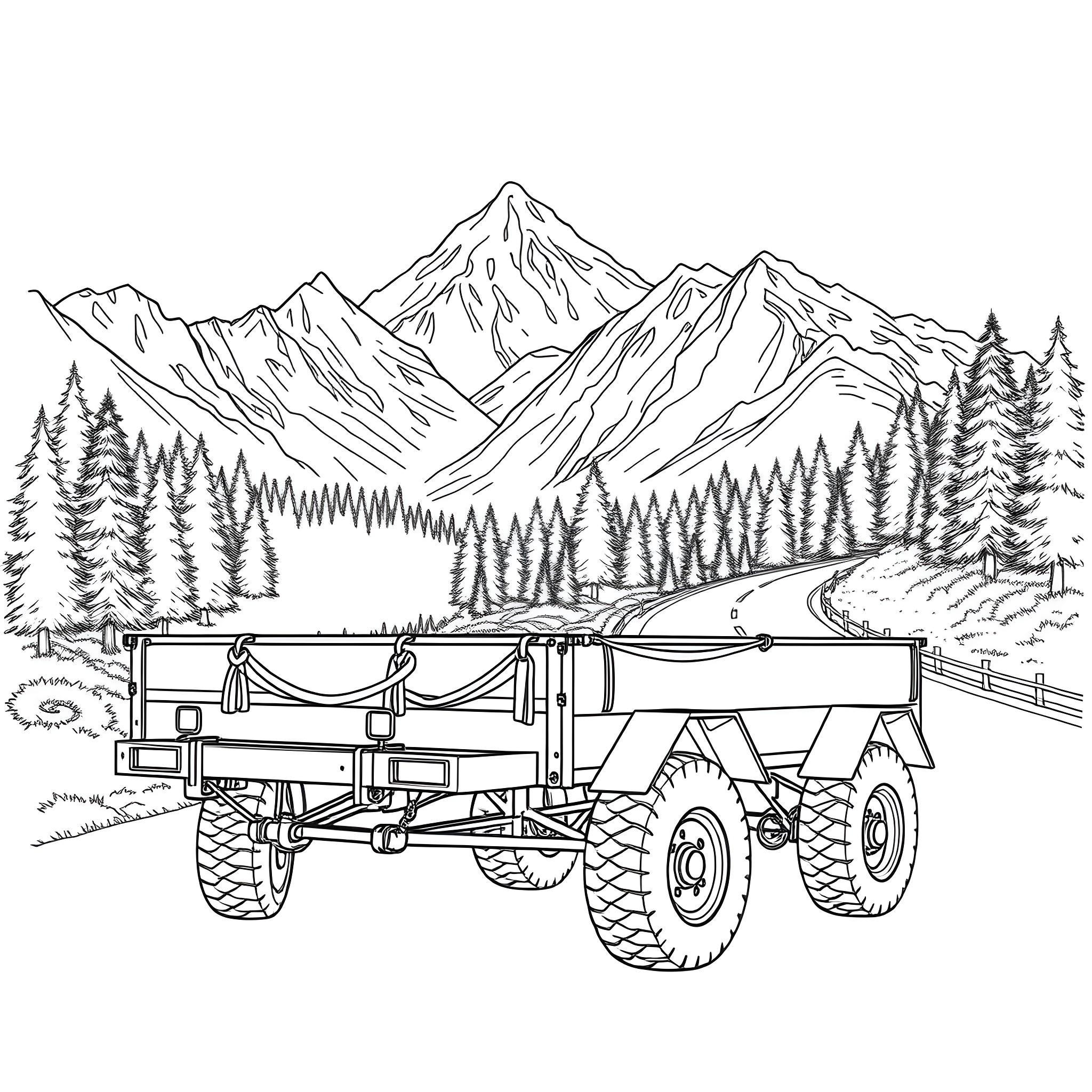 Car Trailer Navigating Mountainous Terrain Coloring Page (free black-and-white line drawing printable PDF for all, from beginners to advanced learners, including children, teens, adults, and seniors)