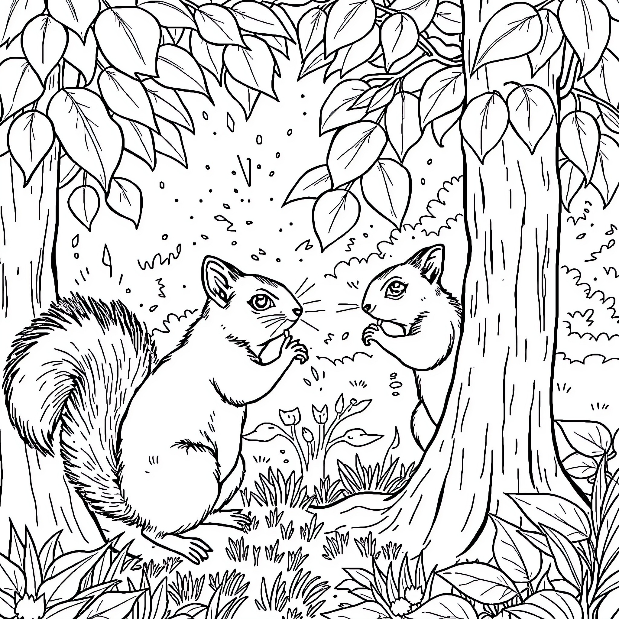 Squirrels exploring the forest in wonder Coloring Page (free black-and-white line drawing printable PDF for all, from beginners to advanced learners, including children, teens, adults, and seniors)
