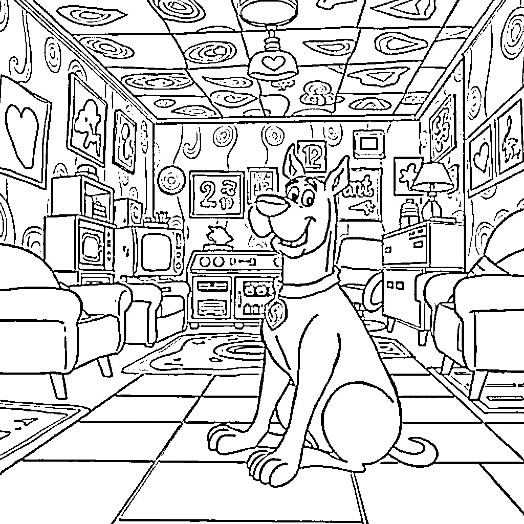 Scooby Doo exploring a quirky and colorful room Coloring Page (free black-and-white line drawing printable PDF for all, from beginners to advanced learners, including children, teens, adults, and seniors)