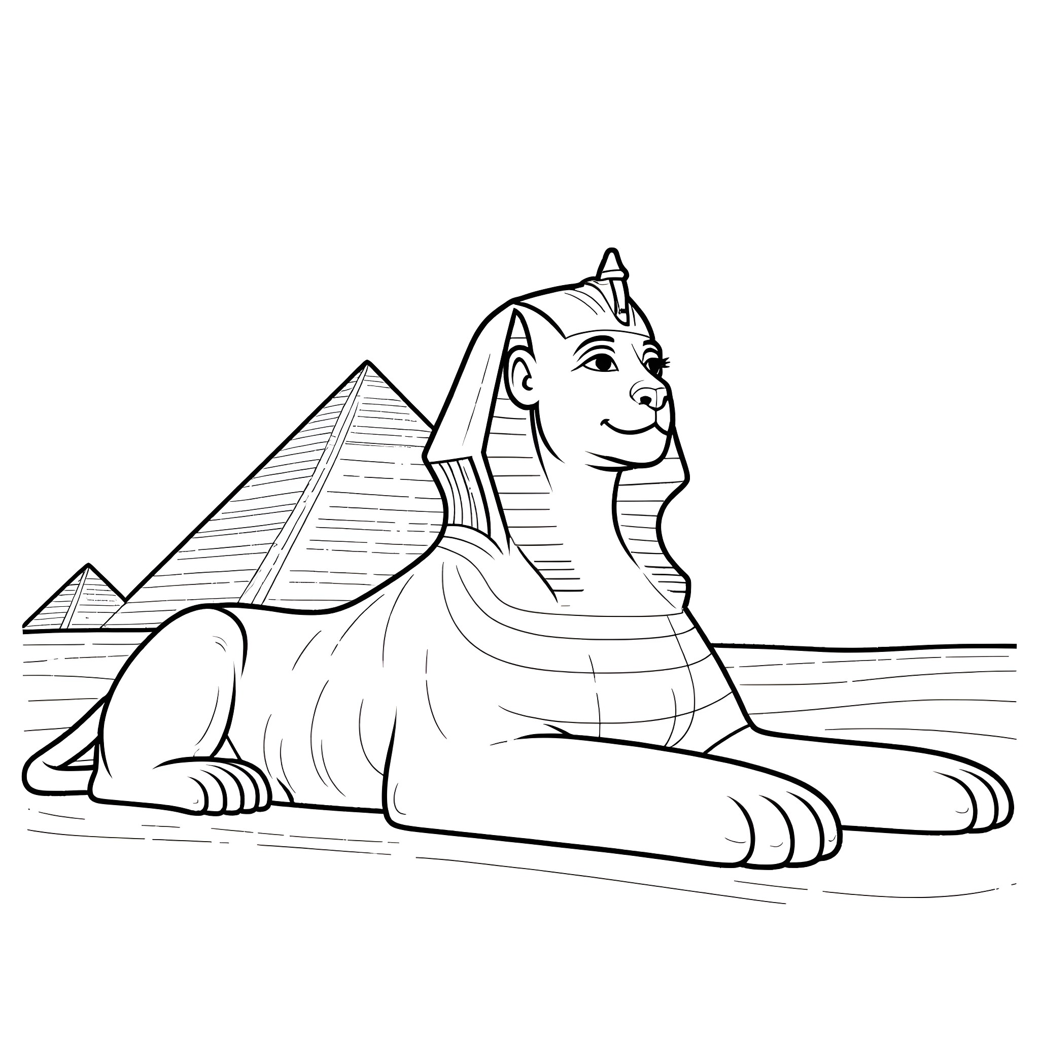 Sphinx resting before the pyramids Coloring Page (free black-and-white line drawing printable PDF for all, from beginners to advanced learners, including children, teens, adults, and seniors)