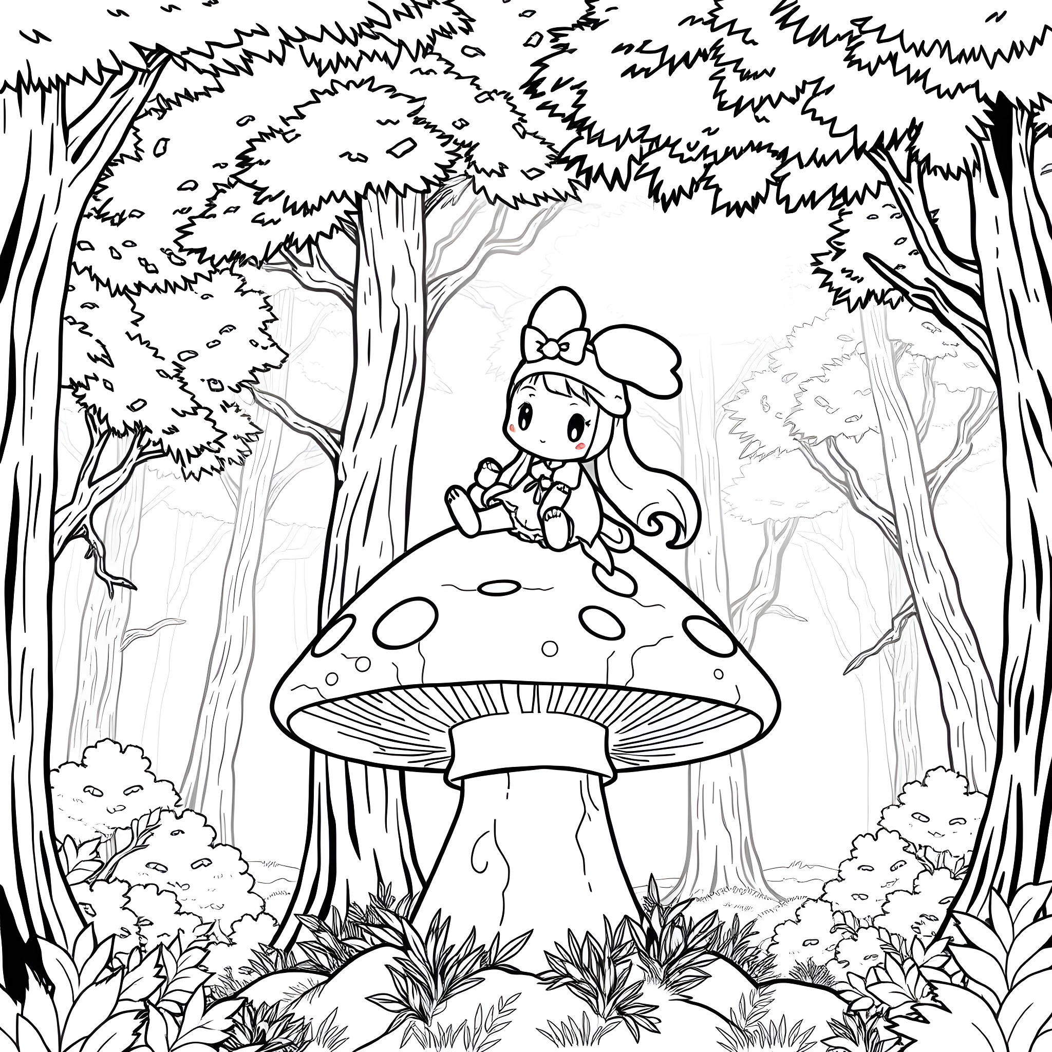 Kuromi sitting on a mushroom in a fantasy forest Coloring Page (free black-and-white line drawing printable PDF for all, from beginners to advanced learners, including children, teens, adults, and seniors)
