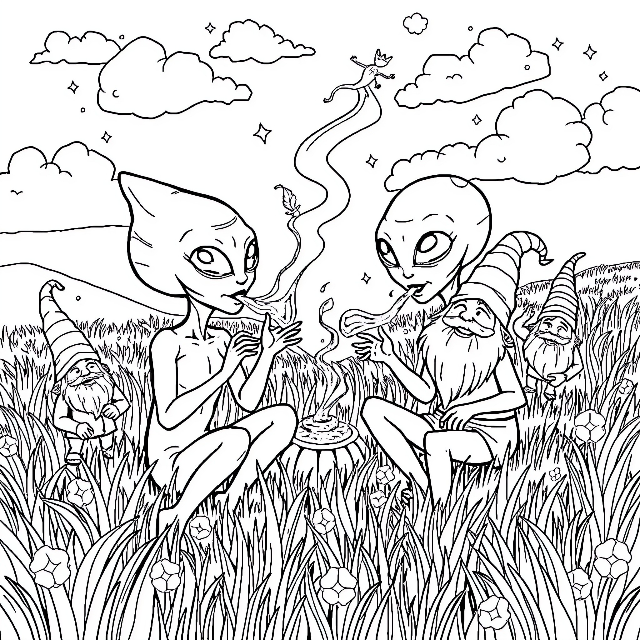 Alien creatures enjoying a peaceful moment in nature Coloring Page (free black-and-white line drawing printable PDF for all, from beginners to advanced learners, including children, teens, adults, and seniors)