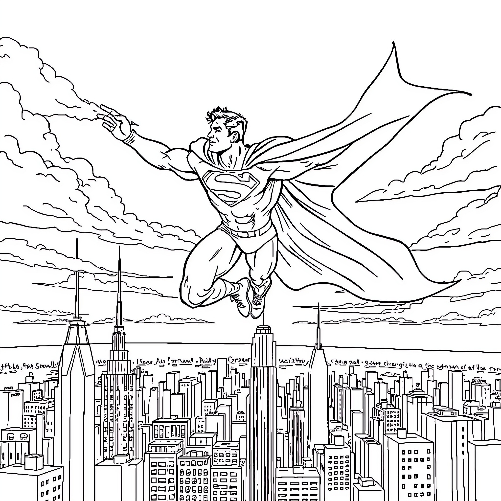 Superman heroically soaring over the city skyline Coloring Page (free black-and-white line drawing printable PDF for all, from beginners to advanced learners, including children, teens, adults, and seniors)