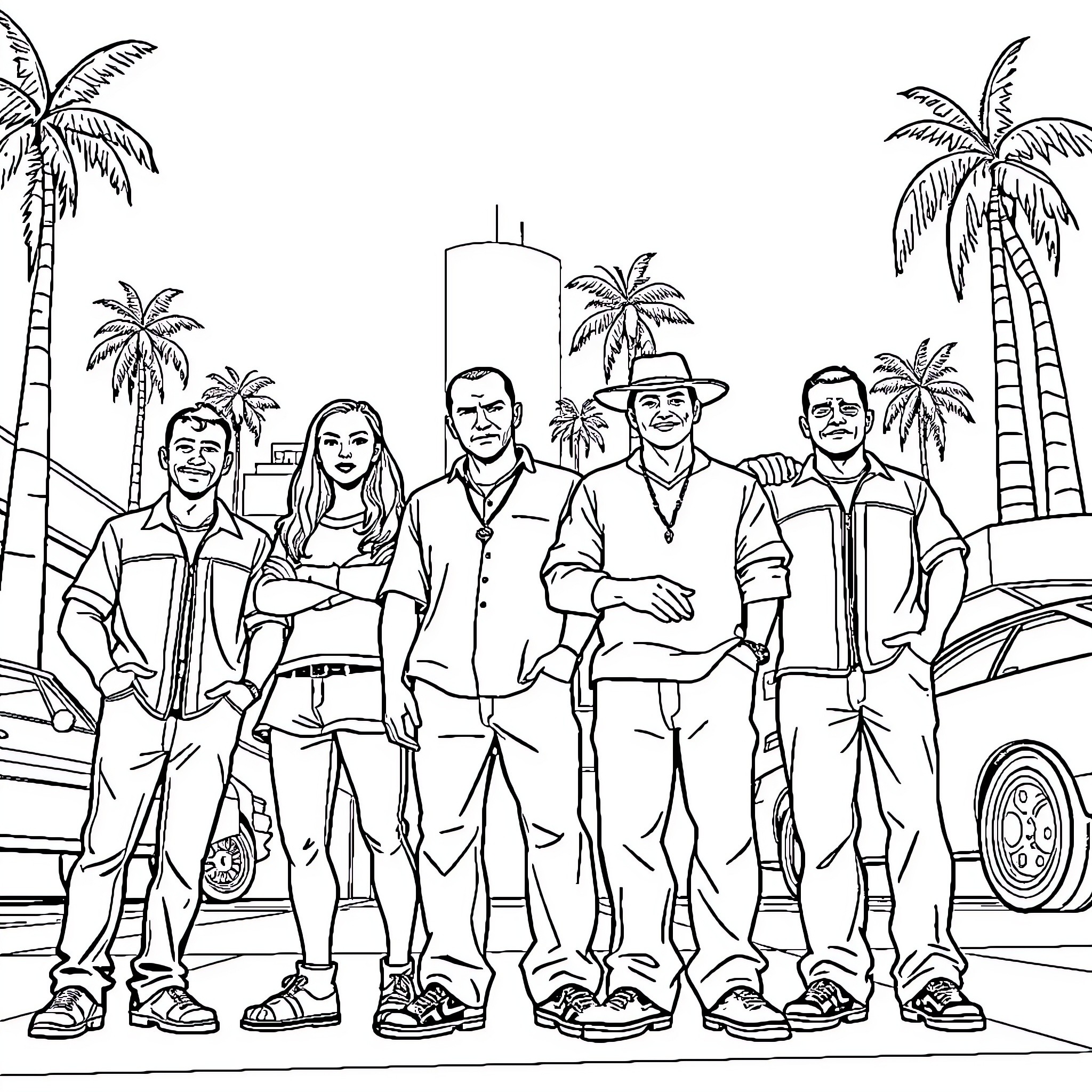 Character group posing in beach scene with palm trees Coloring Page (free black-and-white line drawing printable PDF for all, from beginners to advanced learners, including children, teens, adults, and seniors)