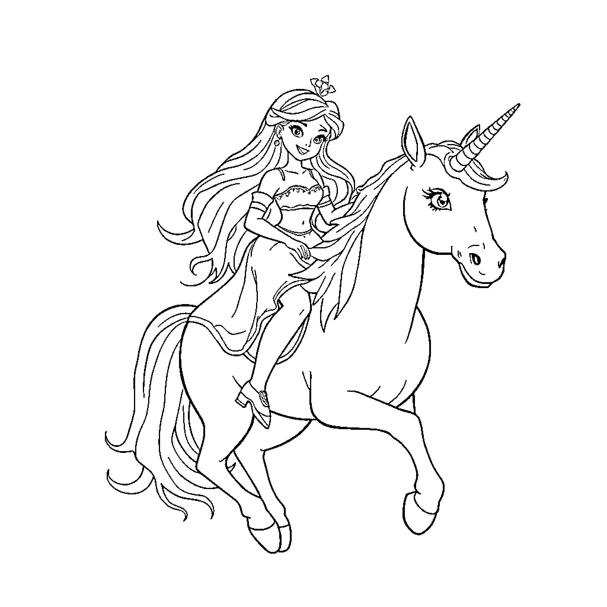 Galinda riding a unicorn in a fairy tale scene Coloring Page (free black-and-white line drawing printable PDF for all, from beginners to advanced learners, including children, teens, adults, and seniors)