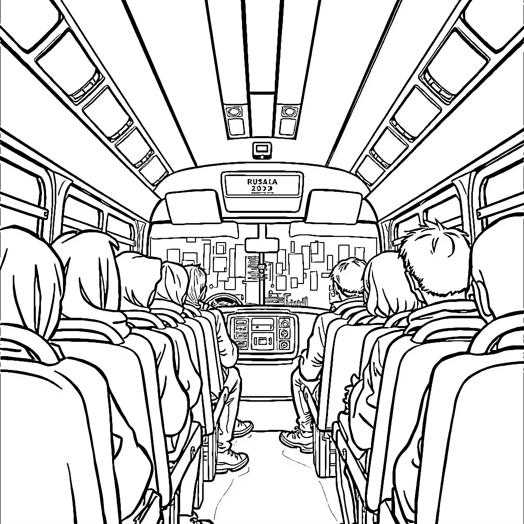 Bus Filled with Passengers on Their Commute Coloring Page (free black-and-white line drawing printable PDF for all, from beginners to advanced learners, including children, teens, adults, and seniors)