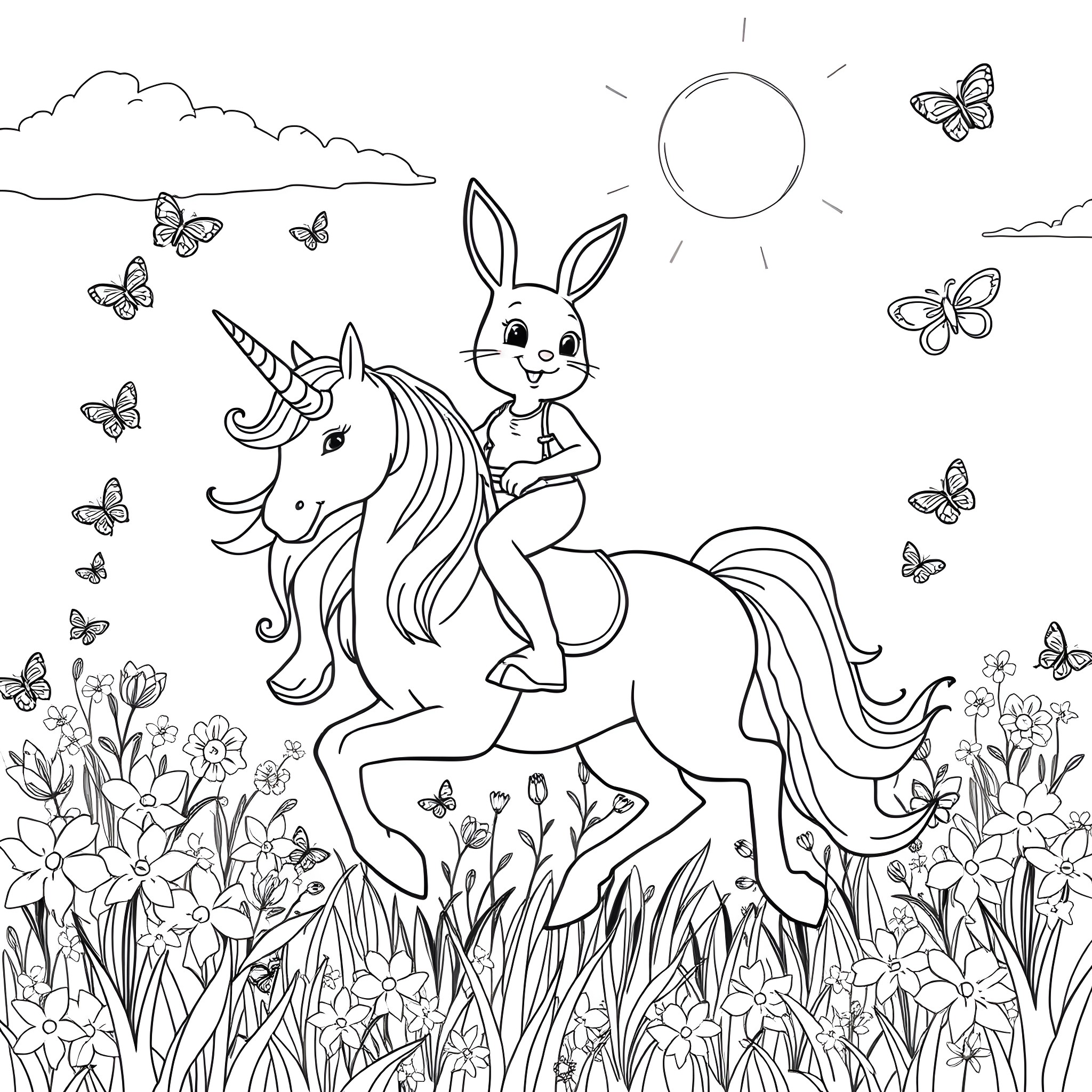 Easter Bunny riding a magical unicorn in a flower field Coloring Page (free black-and-white line drawing printable PDF for all, from beginners to advanced learners, including children, teens, adults, and seniors)
