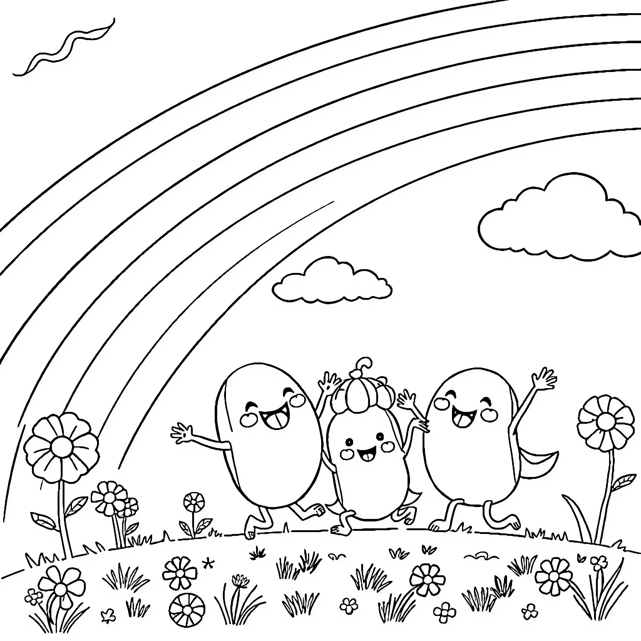 Cocomelon characters playing in a whimsical outdoor scene Coloring Page (free black-and-white line drawing printable PDF for all, from beginners to advanced learners, including children, teens, adults, and seniors)