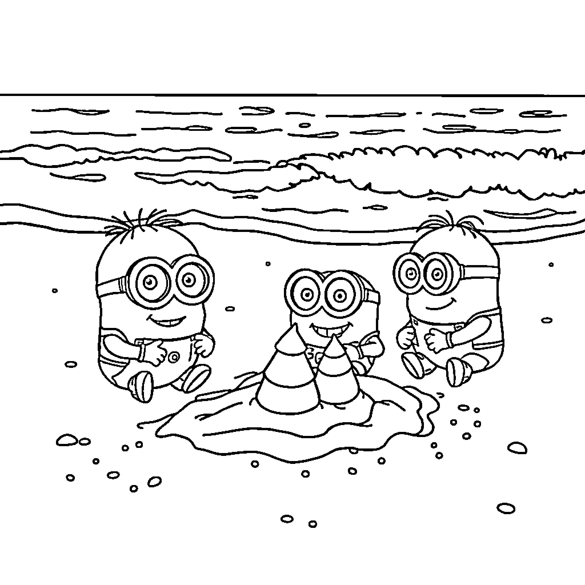 Minions enjoying a sunny day at the beach Coloring Page (free black-and-white line drawing printable PDF for all, from beginners to advanced learners, including children, teens, adults, and seniors)