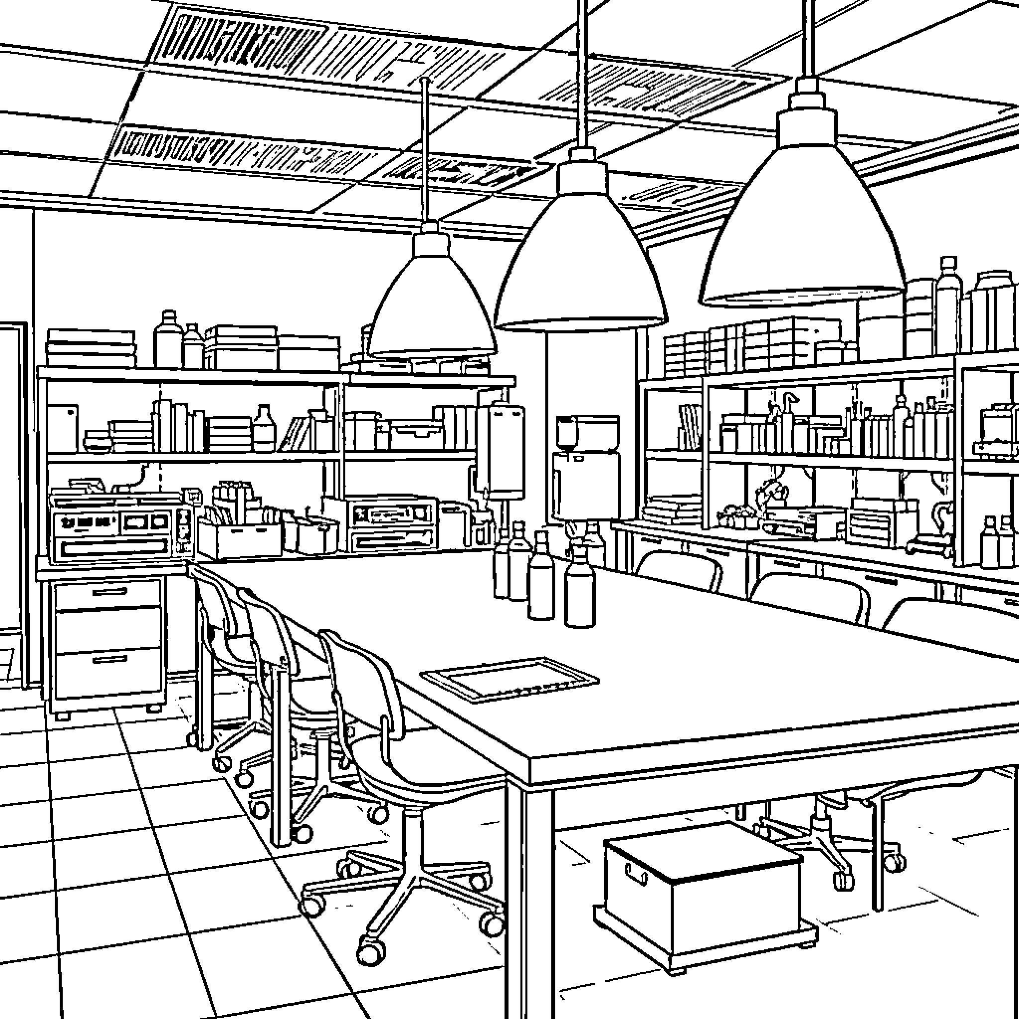 Laboratory Equipment and Workstations Coloring Page (free black-and-white line drawing printable PDF for all, from beginners to advanced learners, including children, teens, adults, and seniors)