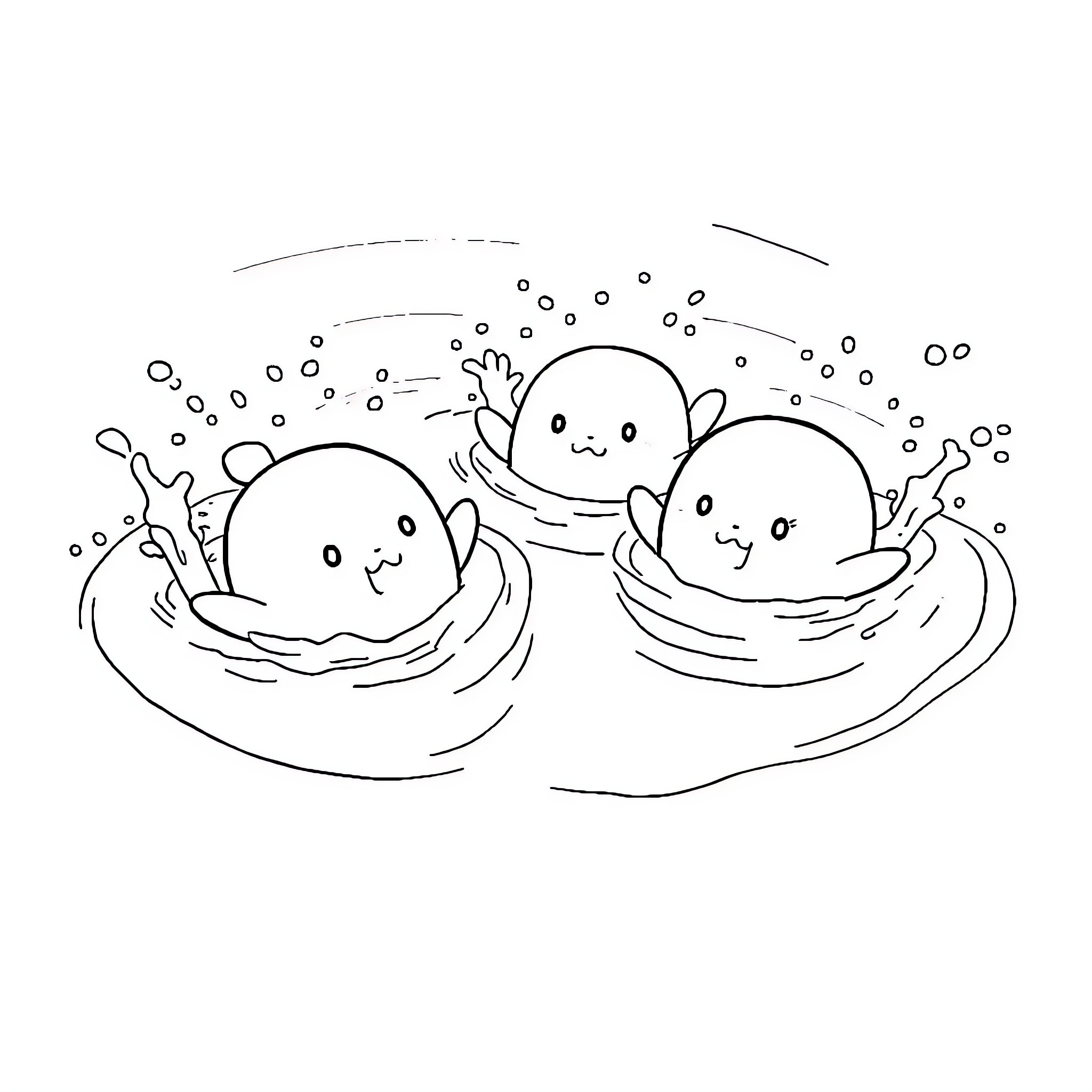 Squishmallow friends having a playful bubble bath Coloring Page (free black-and-white line drawing printable PDF for all, from beginners to advanced learners, including children, teens, adults, and seniors)