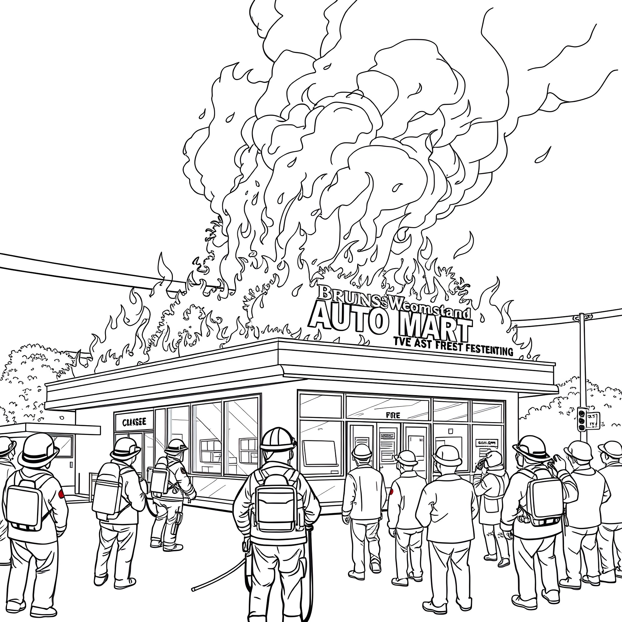 Brunswick Auto Mart firefighters battle blaze Coloring Page (free black-and-white line drawing printable PDF for all, from beginners to advanced learners, including children, teens, adults, and seniors)