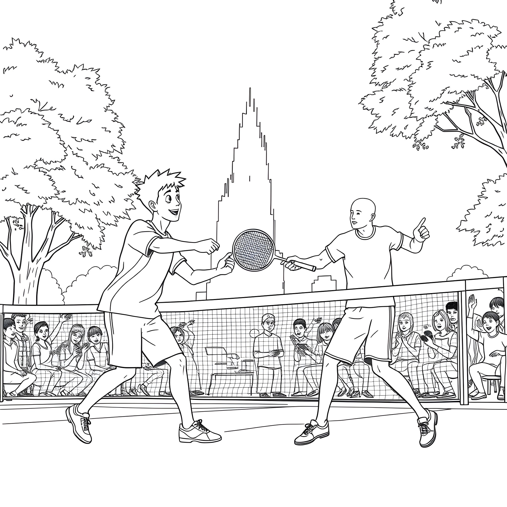 Badminton match on outdoor court Coloring Page (free black-and-white line drawing printable PDF for all, from beginners to advanced learners, including children, teens, adults, and seniors)