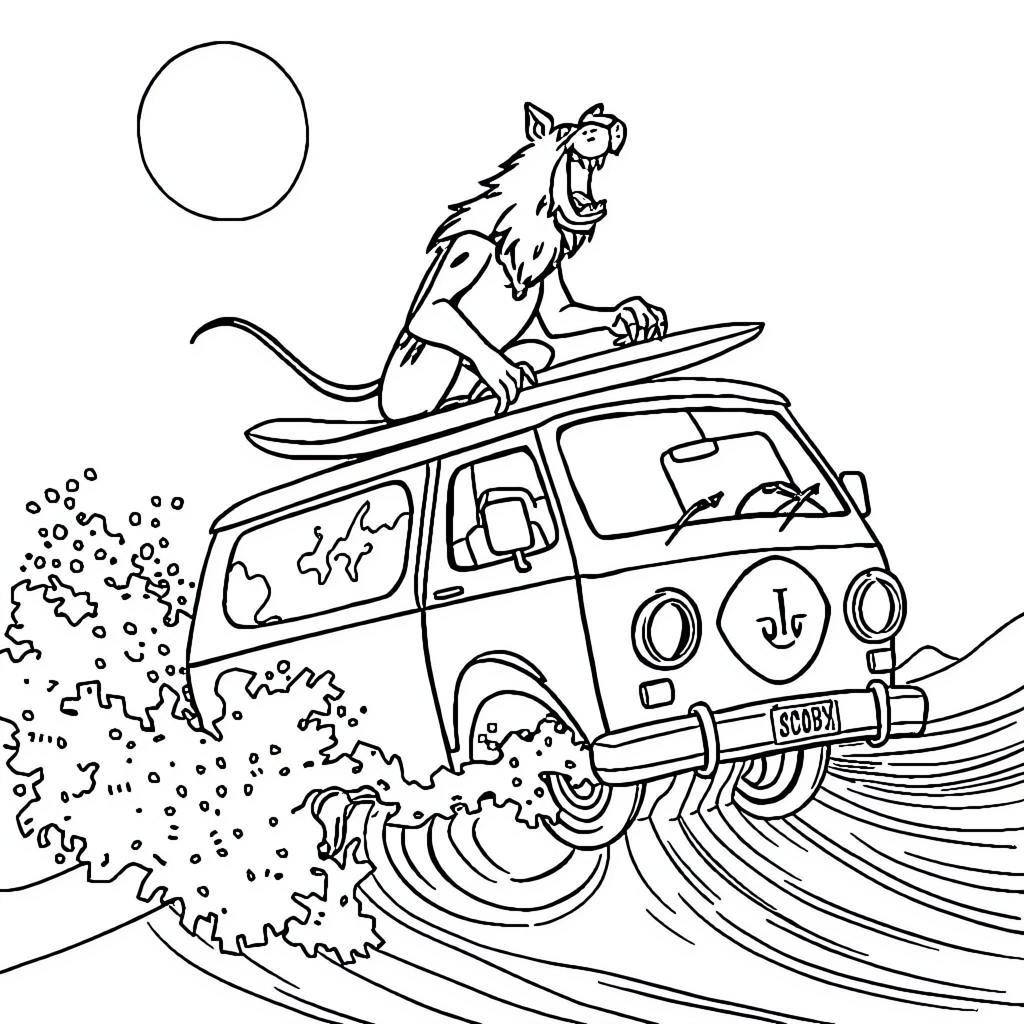 Werewolf surfs on van through waves Coloring Page (free black-and-white line drawing printable PDF for all, from beginners to advanced learners, including children, teens, adults, and seniors)