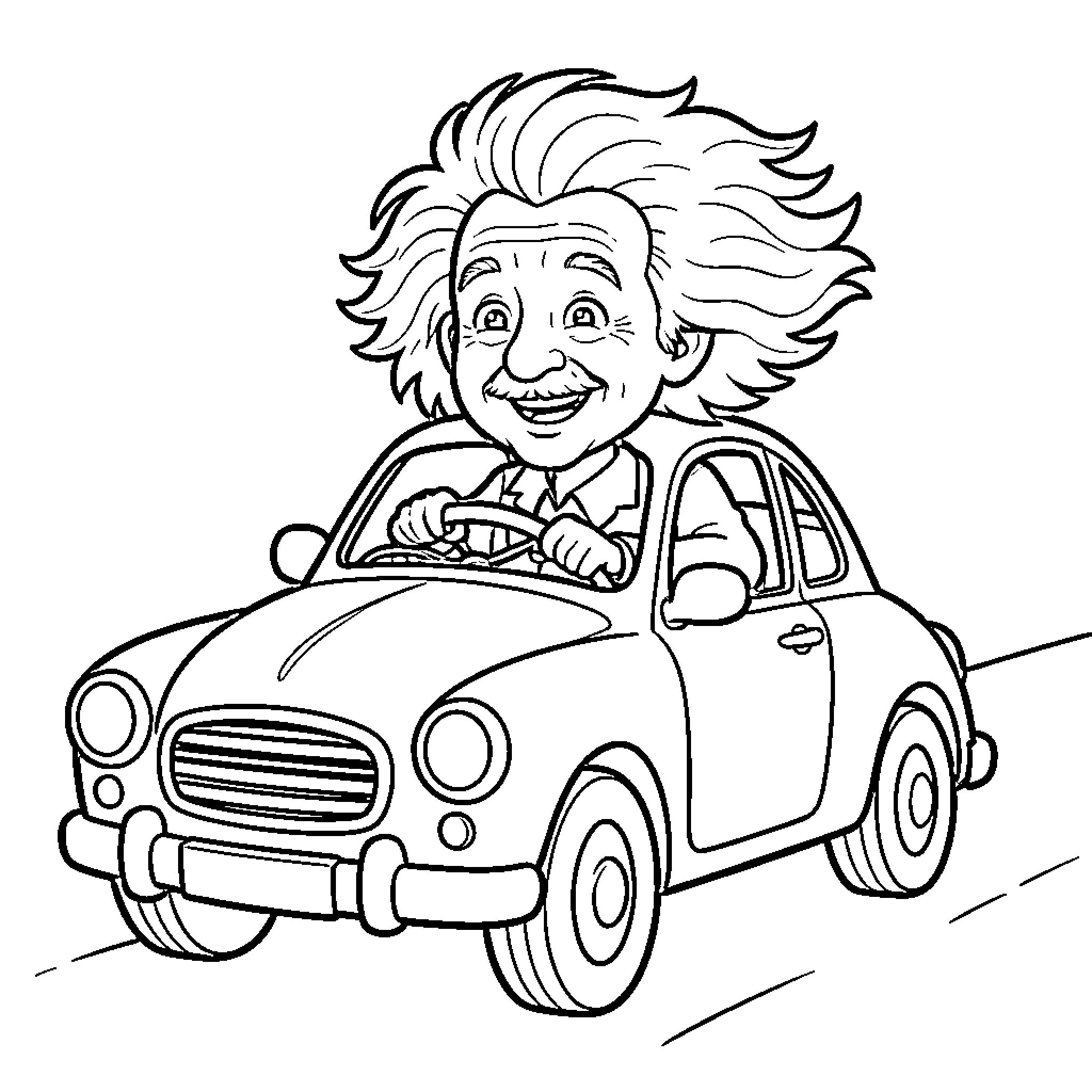 Albert Einstein happily driving a vintage car Coloring Page (free black-and-white line drawing printable PDF for all, from beginners to advanced learners, including children, teens, adults, and seniors)