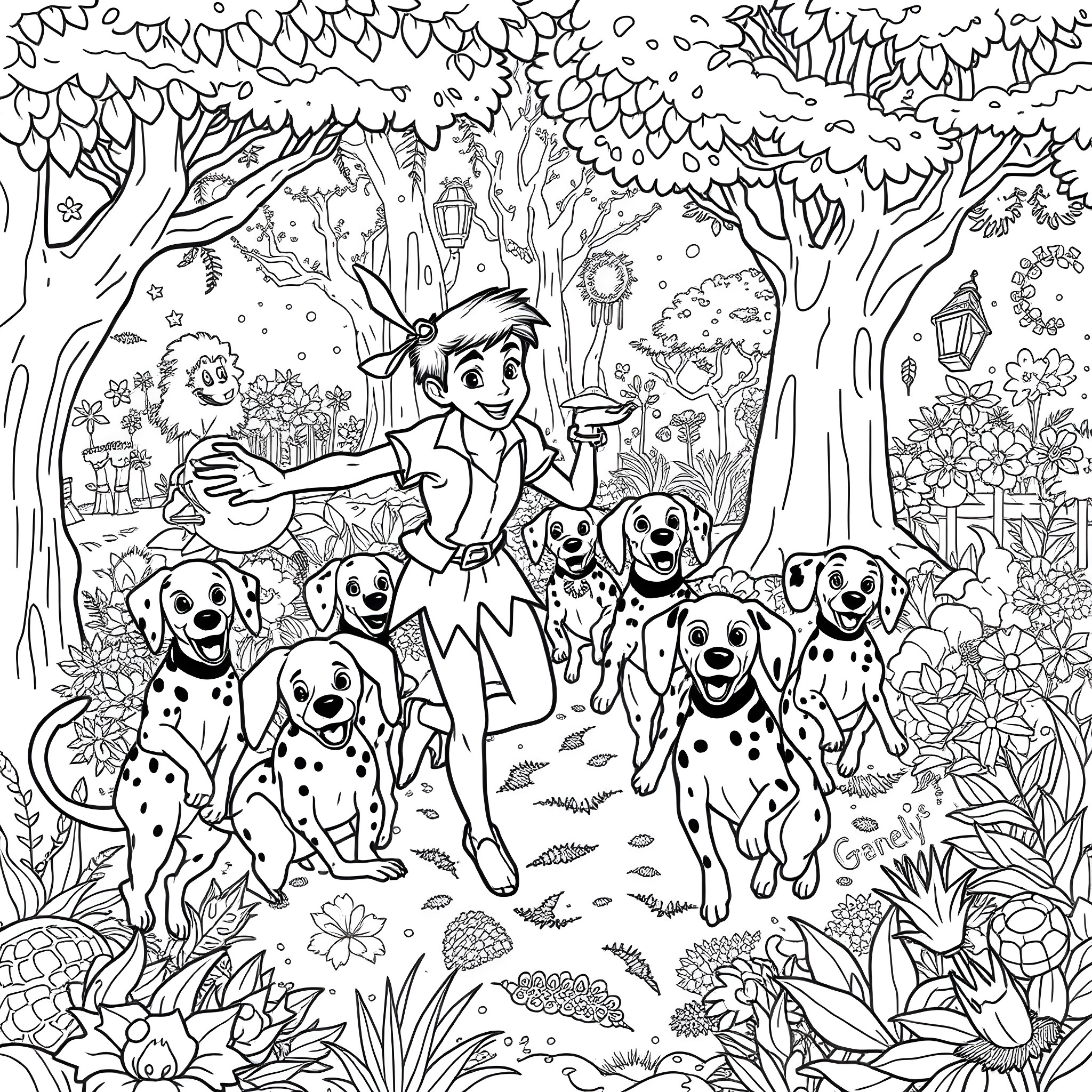 Peter Pan leading a group of Dalmatian puppies in a magical forest Coloring Page (free black-and-white line drawing printable PDF for all, from beginners to advanced learners, including children, teens, adults, and seniors)