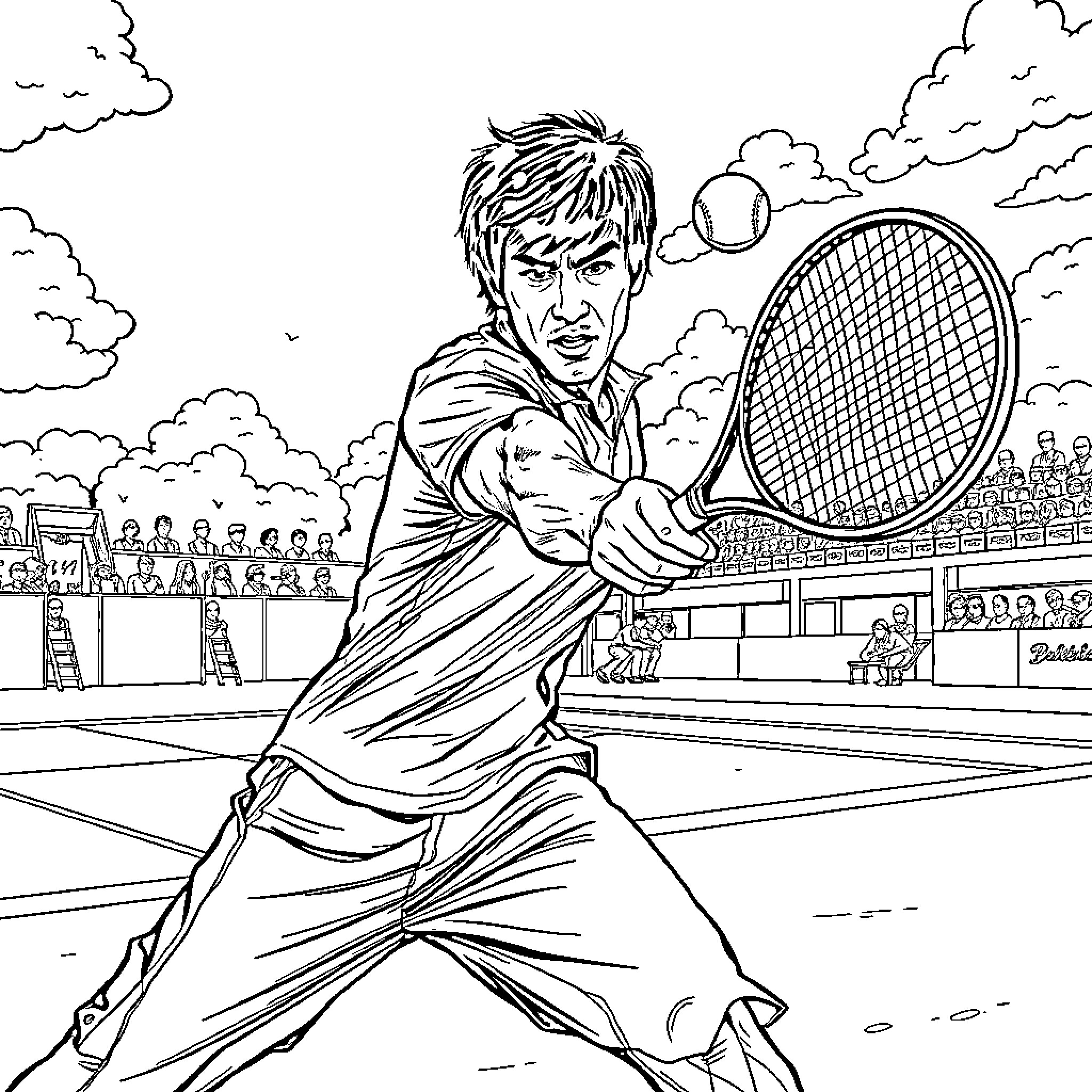 Bruce Lee playing tennis on the court Coloring Page (free black-and-white line drawing printable PDF for all, from beginners to advanced learners, including children, teens, adults, and seniors)