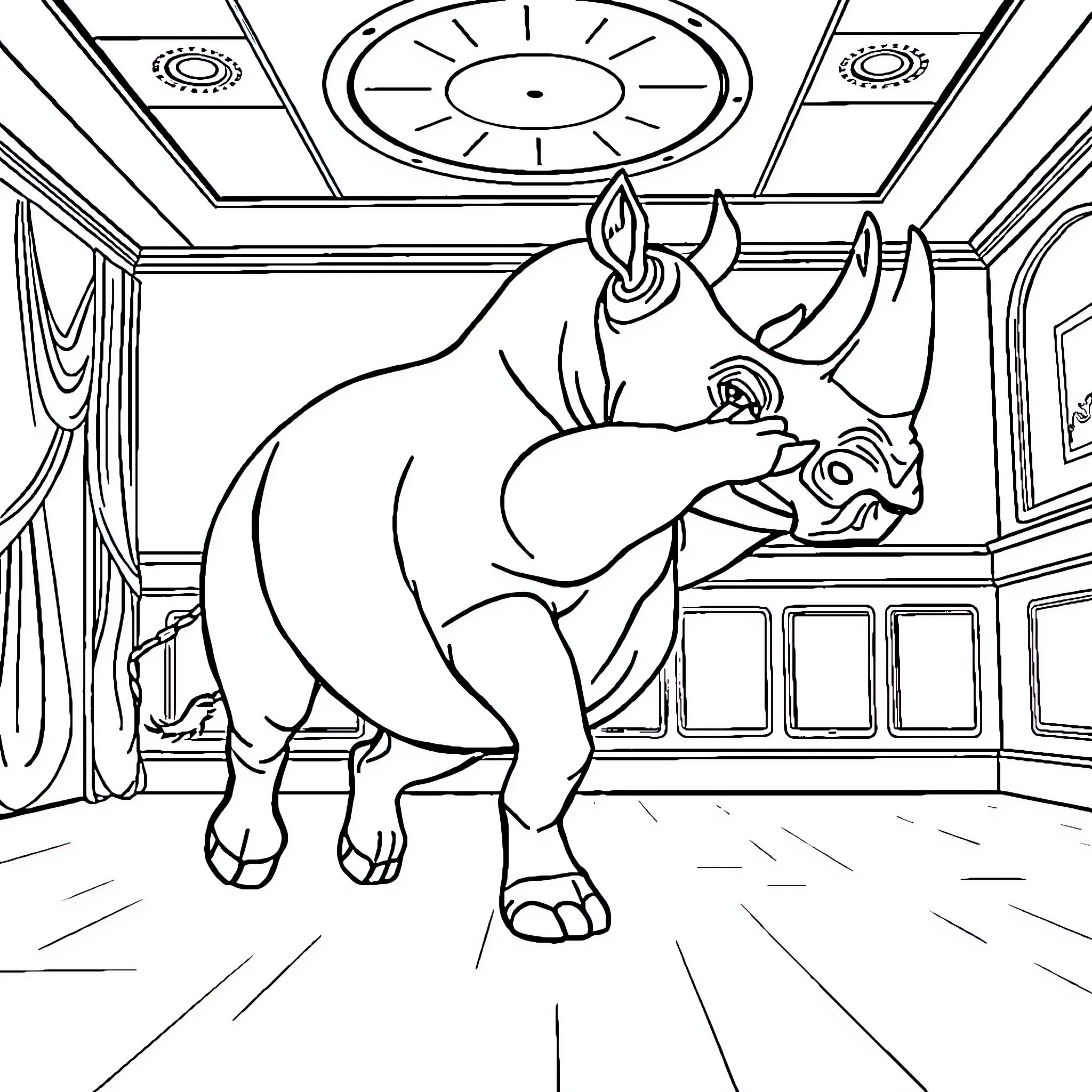 Rhino enjoying an elegant indoor space Coloring Page (free black-and-white line drawing printable PDF for all, from beginners to advanced learners, including children, teens, adults, and seniors)