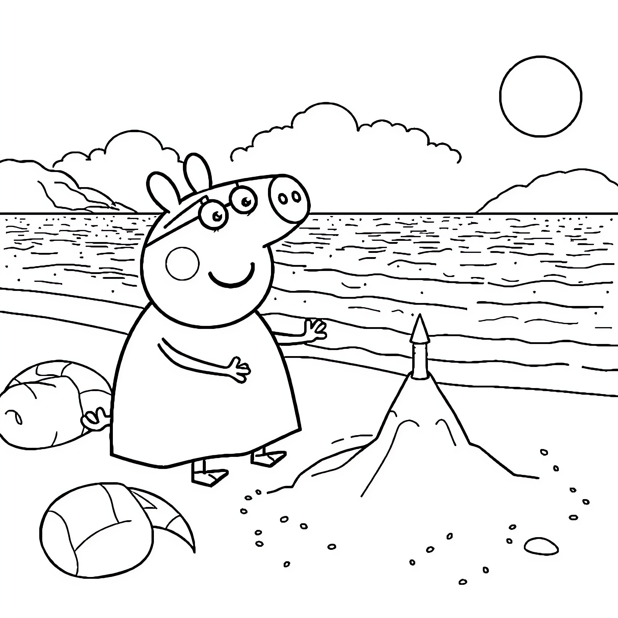 Peppa Pig playing happily at the beach Coloring Page (free black-and-white line drawing printable PDF for all, from beginners to advanced learners, including children, teens, adults, and seniors)