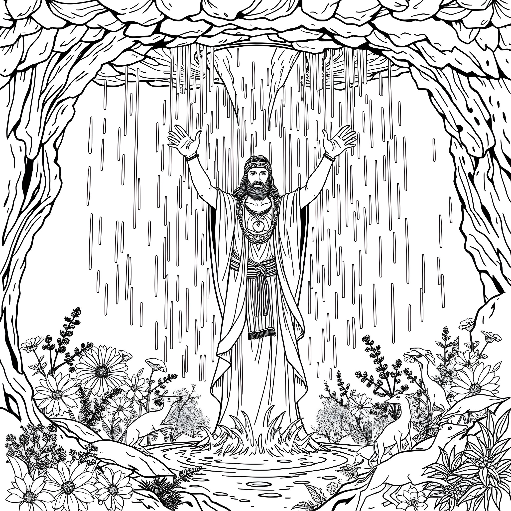Spirit of Nature surrounded by Lush Foliage Coloring Page (free black-and-white line drawing printable PDF for all, from beginners to advanced learners, including children, teens, adults, and seniors)